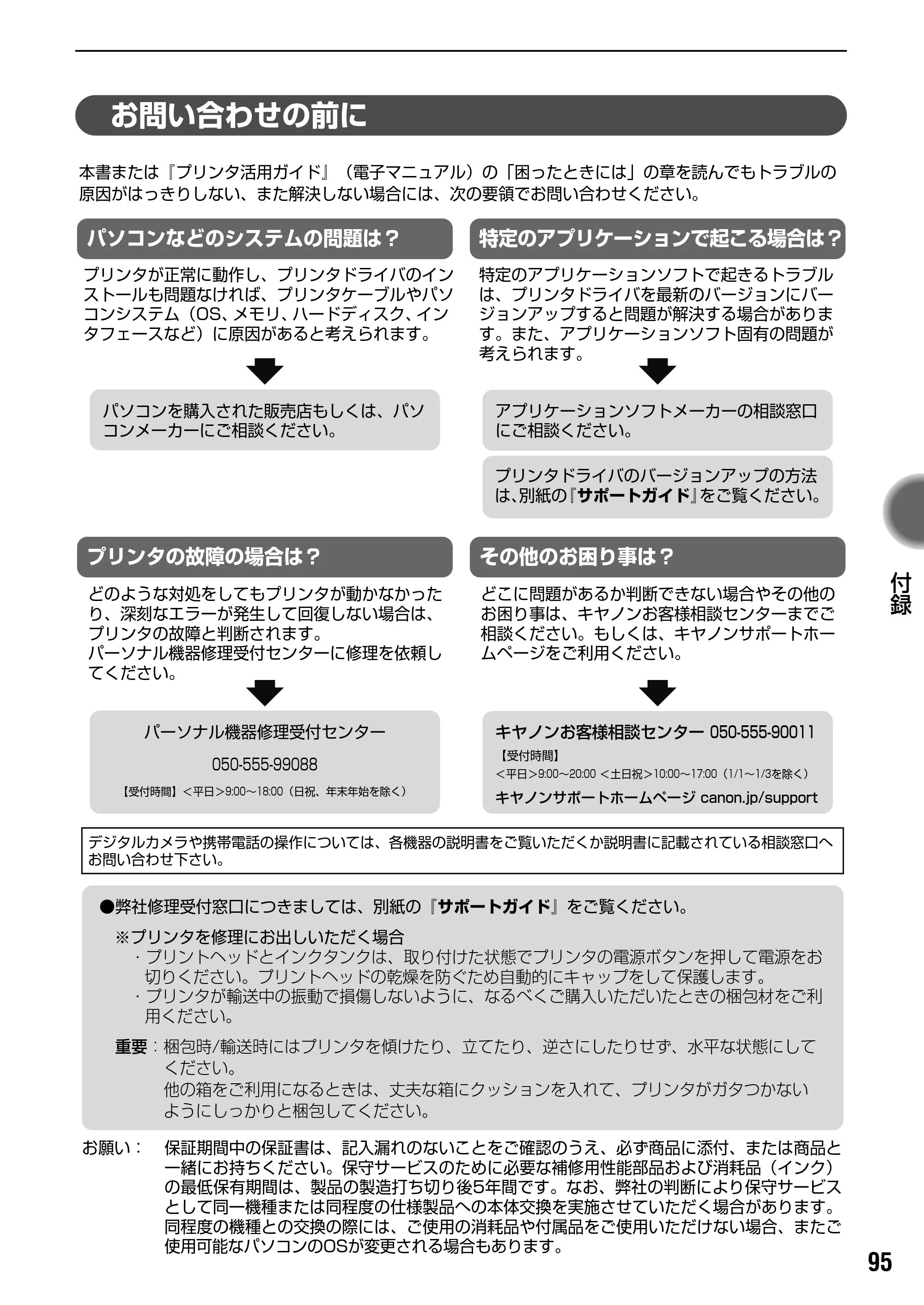 キヤノン iP90v取扱説明書 補足情報 基本操作ガイド （PDF形式／10.42Mバイト） — お問い合わせの前に — 原本ページ — 97ページ