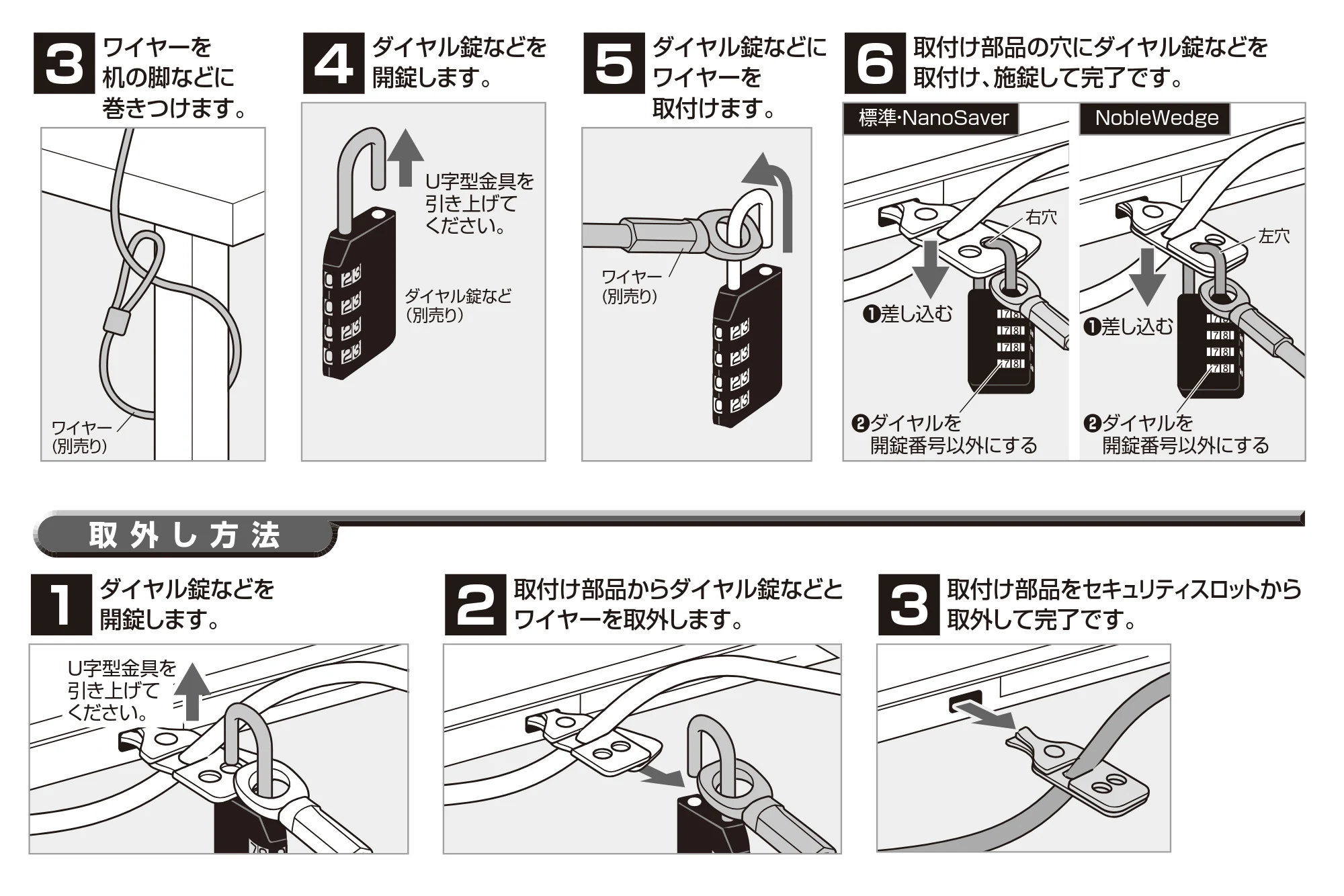 サンワサプライ 202-SL111-4 / 202-SL111-6 / 202-SL111-3 取扱説明書 — 取付け部品の穴にダイヤル錠などを 取付け、施錠して完了です。 — 原本ページ — 2ページ