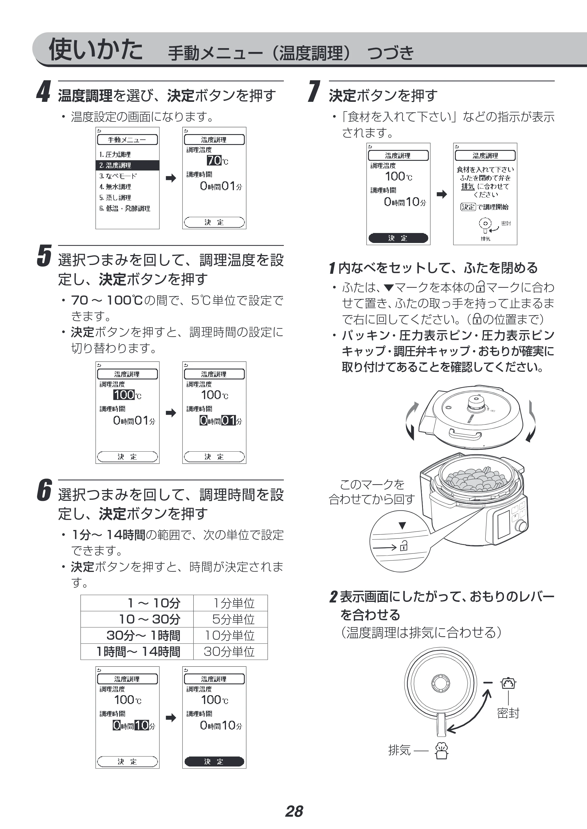 アイリスオーヤマ PMPC-MA4 取扱説明書 — 使いかた 手動メニュー(温度調理) つづき — 原本ページ — 28ページ