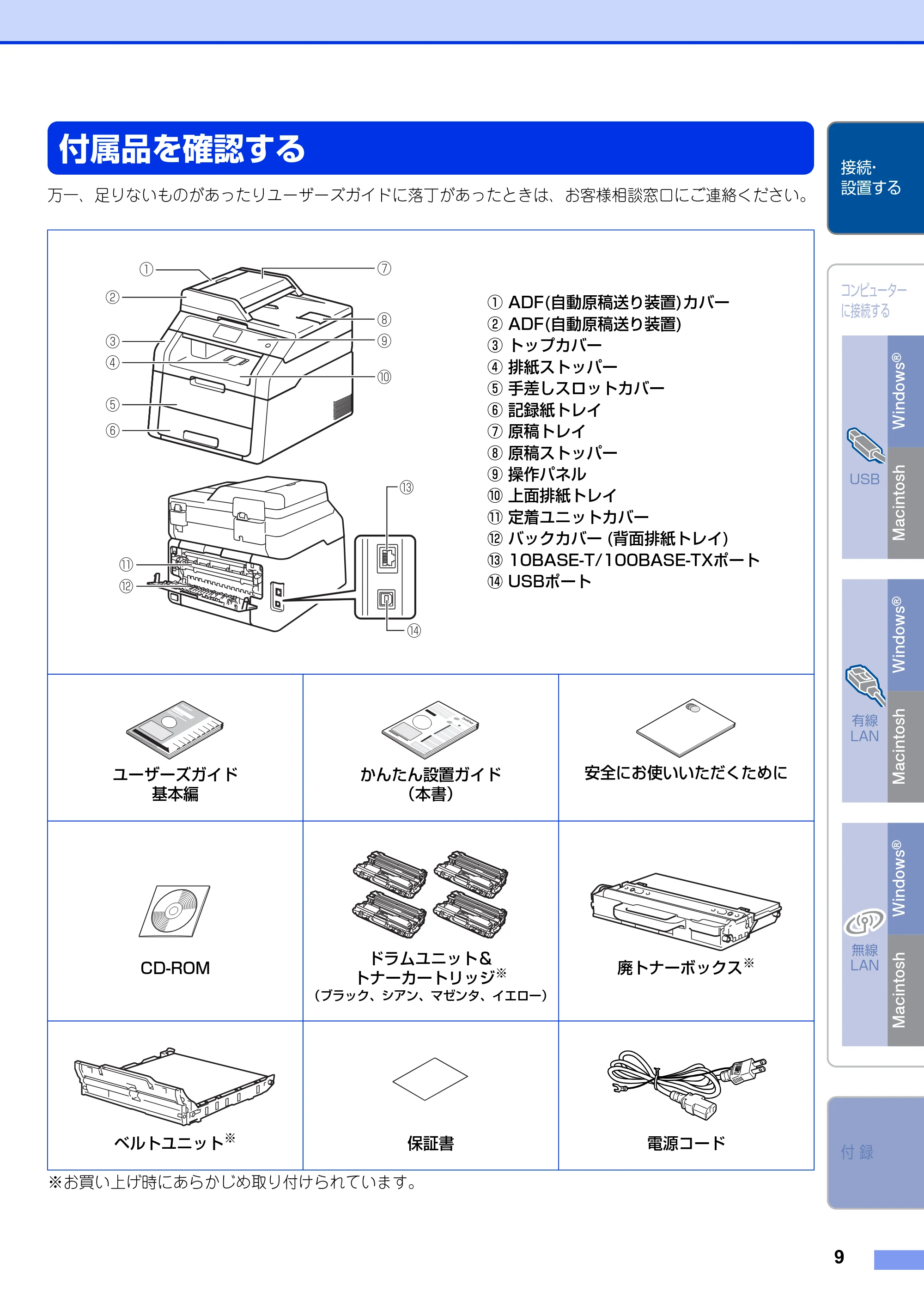 ブラザー DCP-9020CDW かんたん設置ガイド — STEP1 接続・設置する — 原本ページ — 9ページ