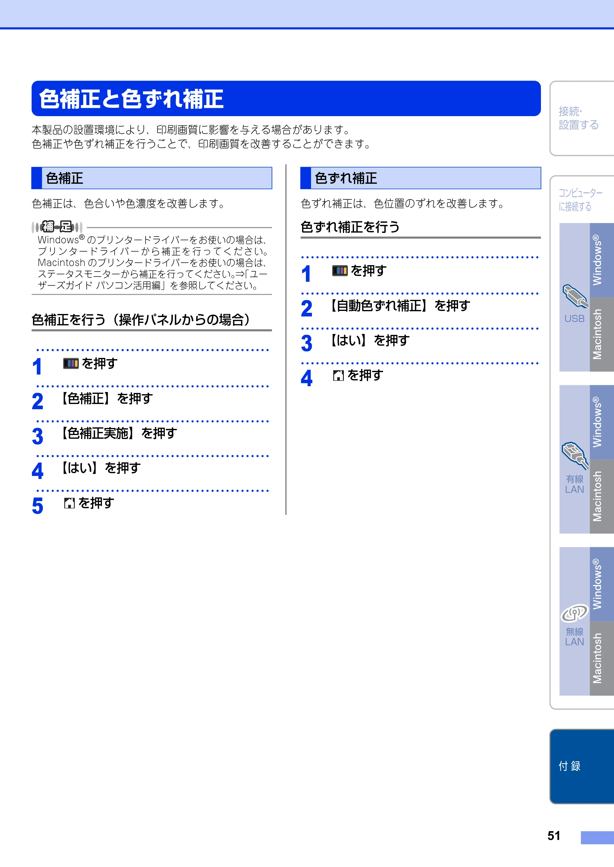 ブラザー DCP-9020CDW かんたん設置ガイド — 色補正と色ずれ補正 — 原本ページ — 51ページ