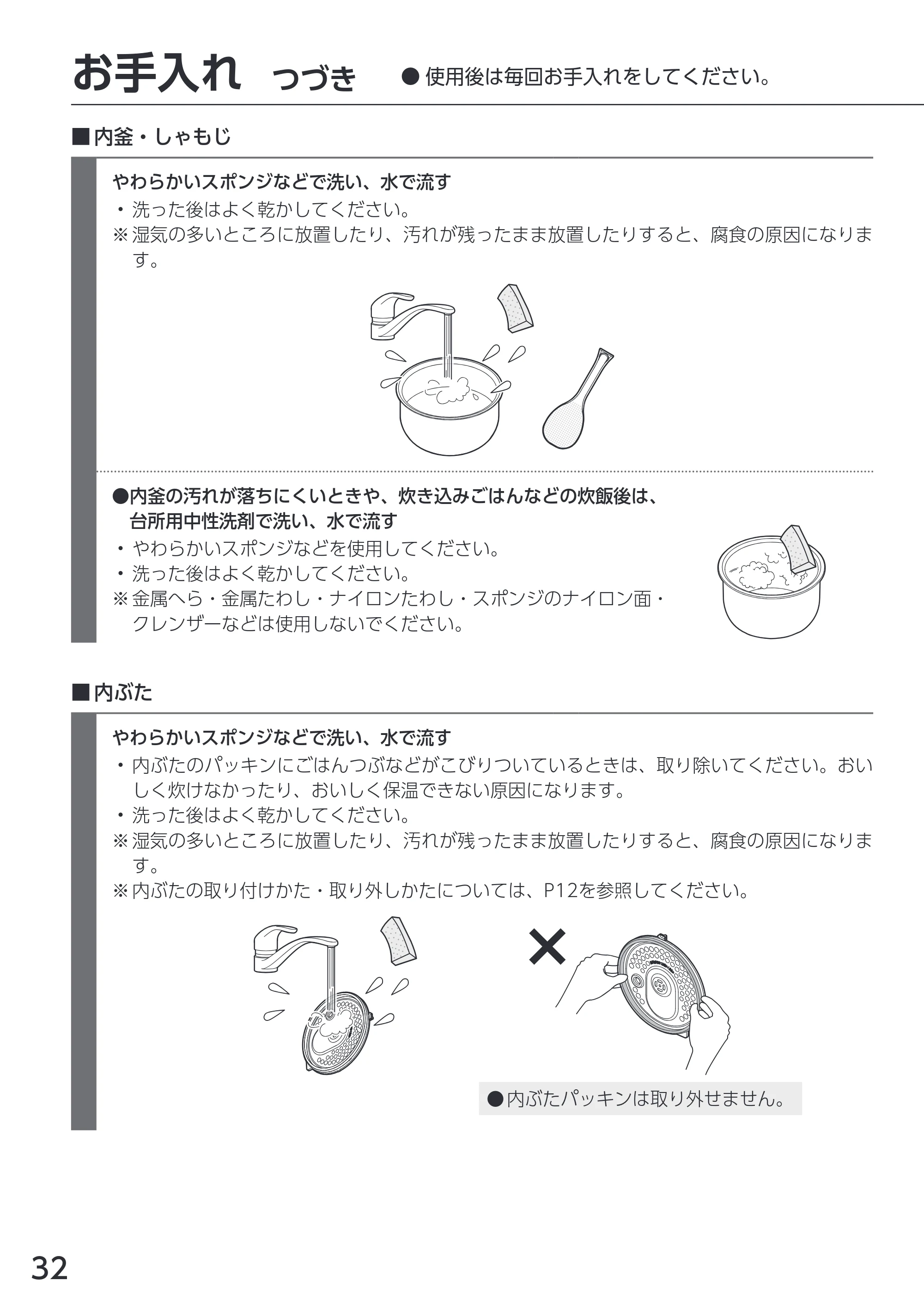 アイリスオーヤマ RC-IKA50 取扱説明書 — お手入れ つづき ●使用後は毎回お手入れをしてください。 — 原本ページ — 32ページ