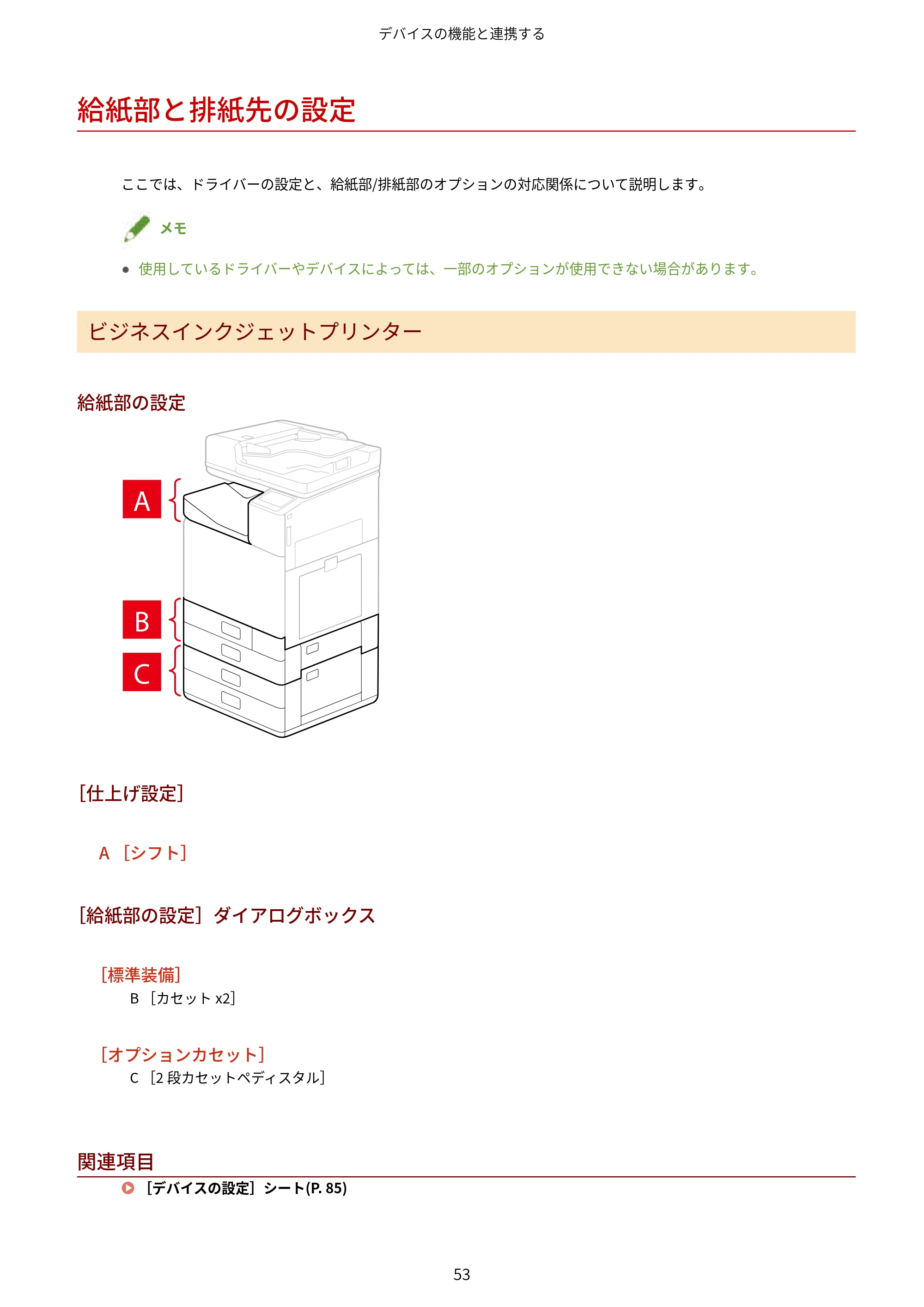 キヤノン WG7350F/7350FM Windows Business IJ LIPSLX プリンタードライバーガイド 2018年12月7日更新(PDF:878KB) — 給紙部と排紙先の設定 — 原本ページ — 56ページ