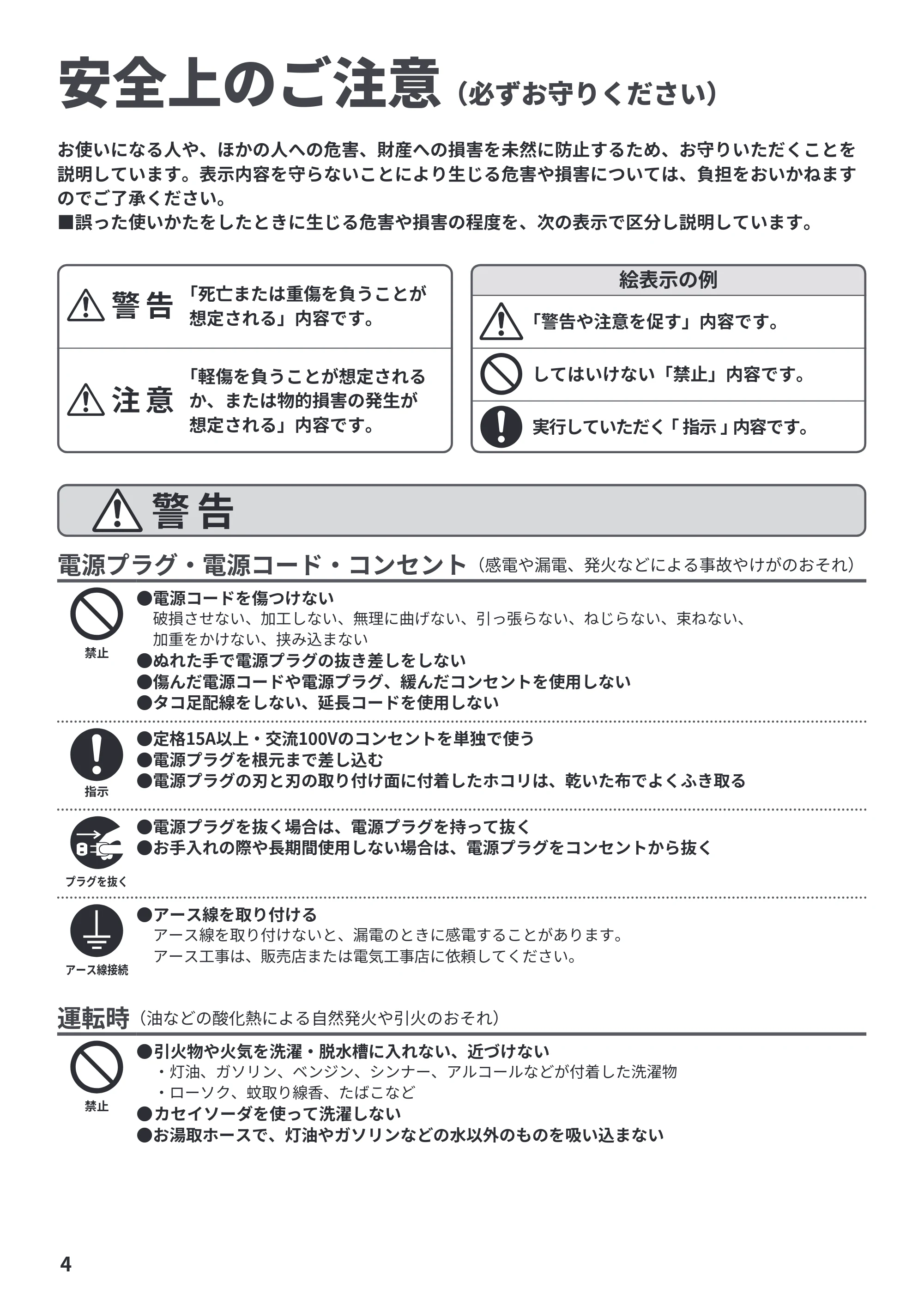 日立 BW-V70PE6 取扱説明書 — 安全上のご注意 — 原本ページ — 4ページ