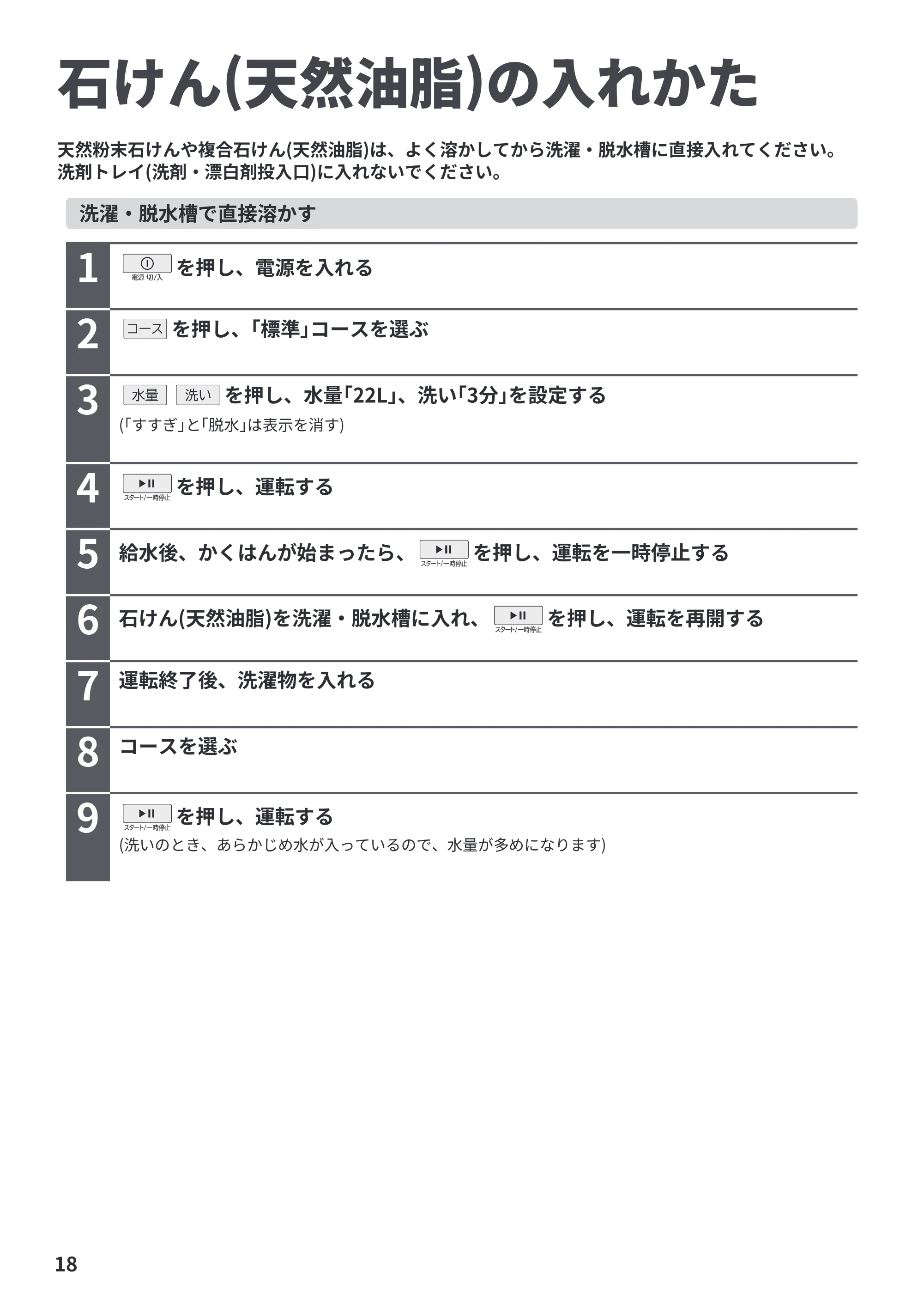 日立 BW-V70PE6 取扱説明書 — 石けん(天然油脂)の入れかた — 原本ページ — 18ページ