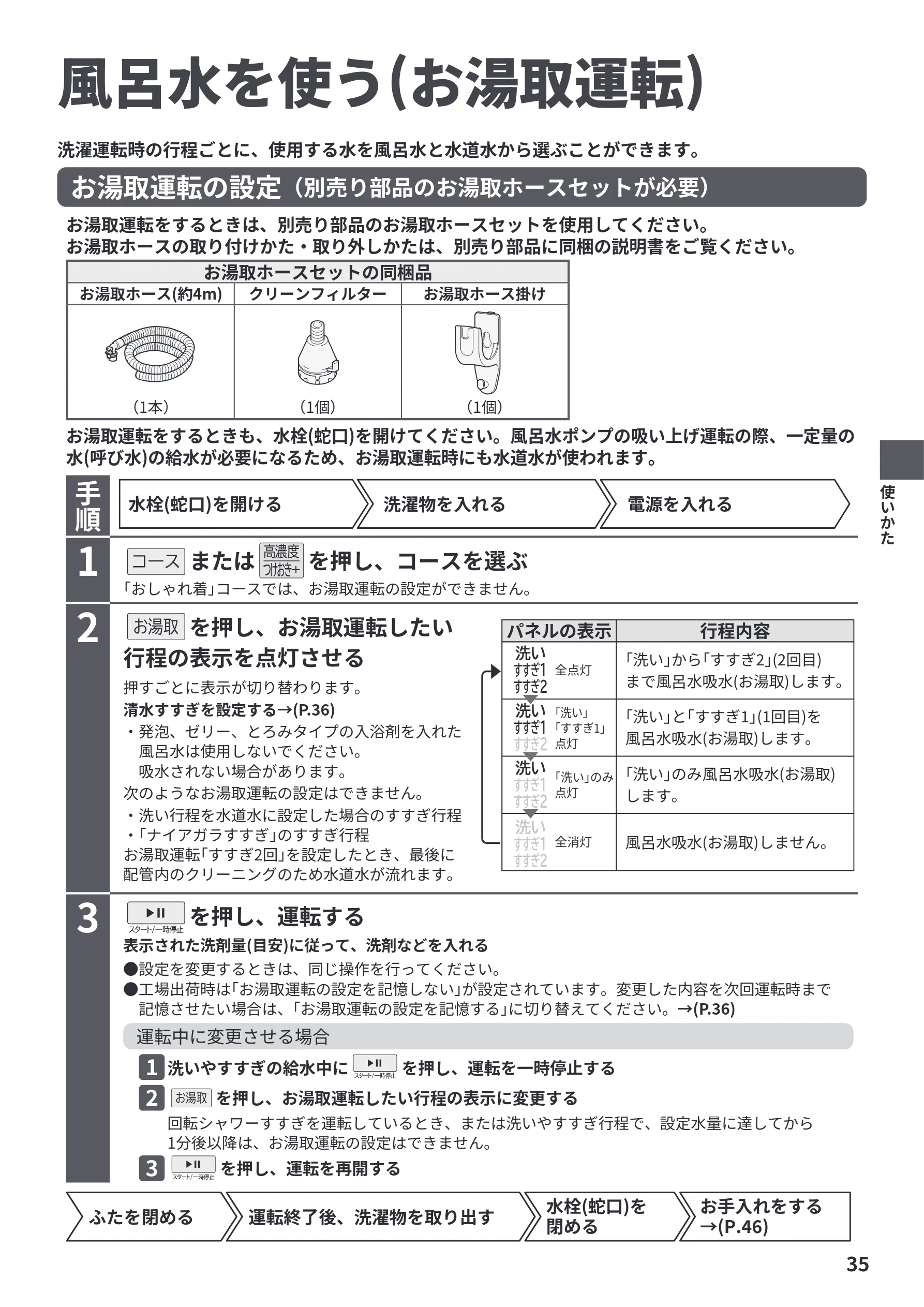日立 BW-V70PE6 取扱説明書 — 風呂水を使う(お湯取運転) — 図版 35-1 — 35ページ