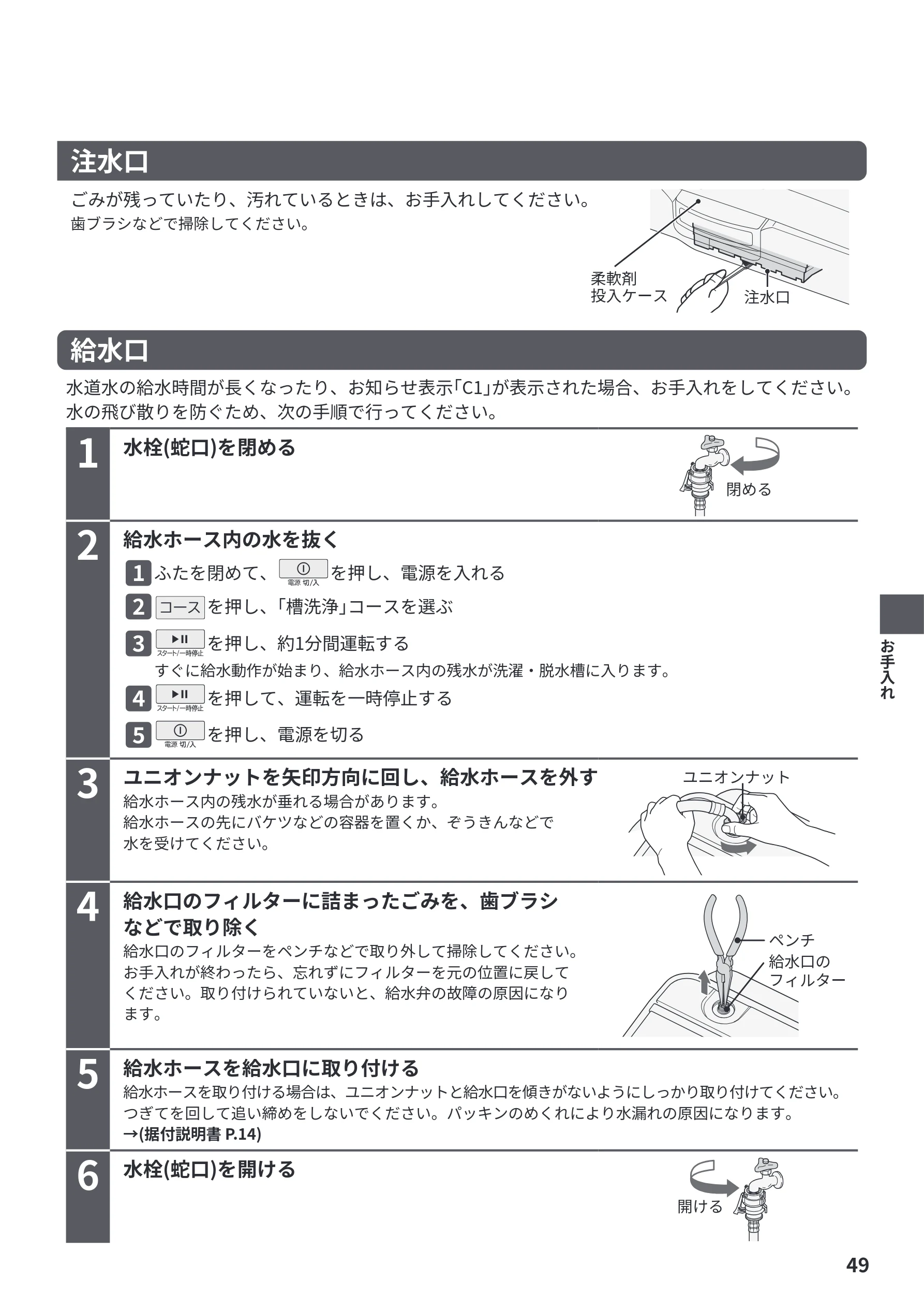 日立 BW-V70PE6 取扱説明書 — 注水口 — 図版 49-1 — 49ページ