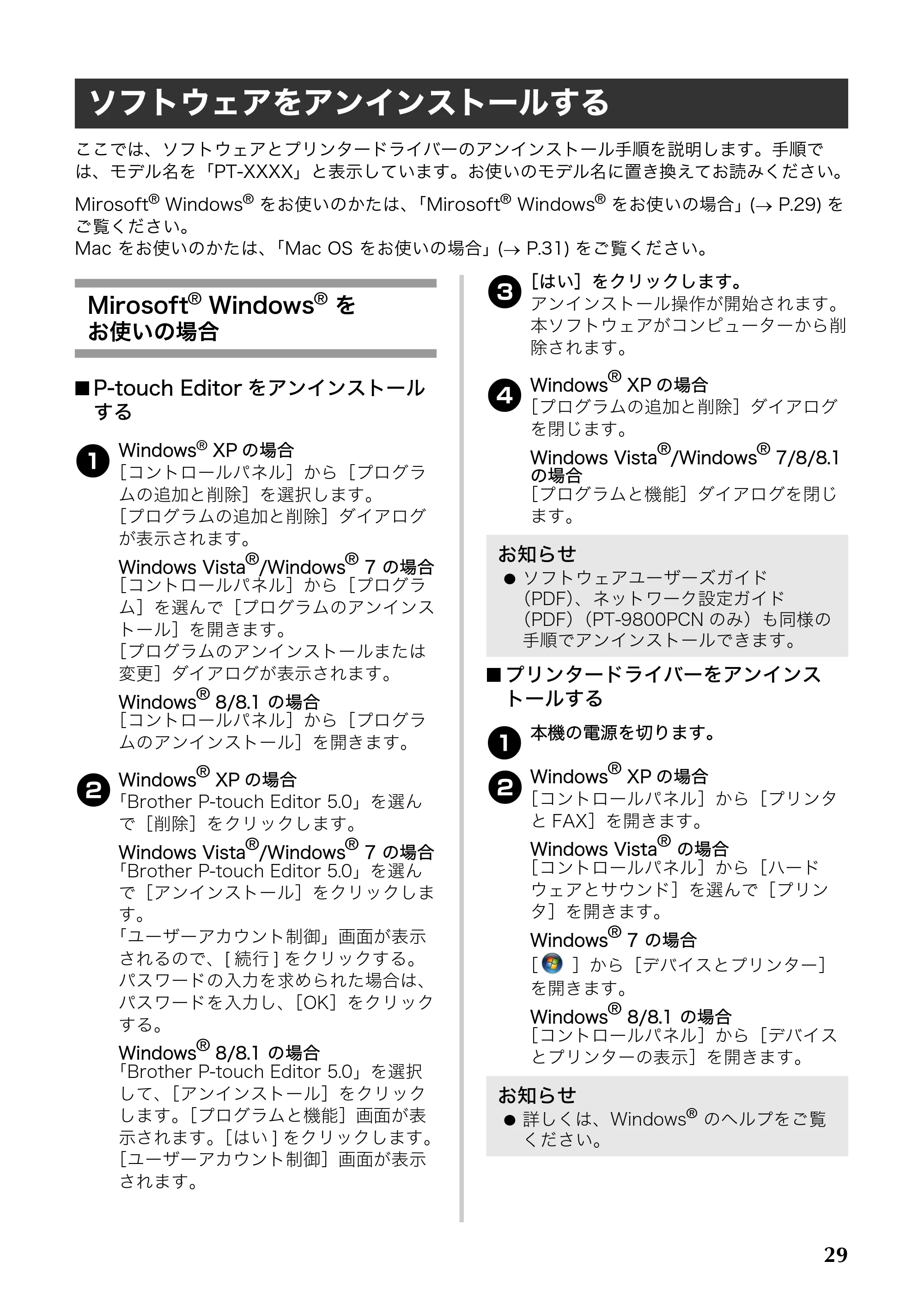 ブラザー PT-9700PC / PT-9800PCN 取扱説明書 — ソフトウェアをアンインストールする — 原本ページ — 30ページ