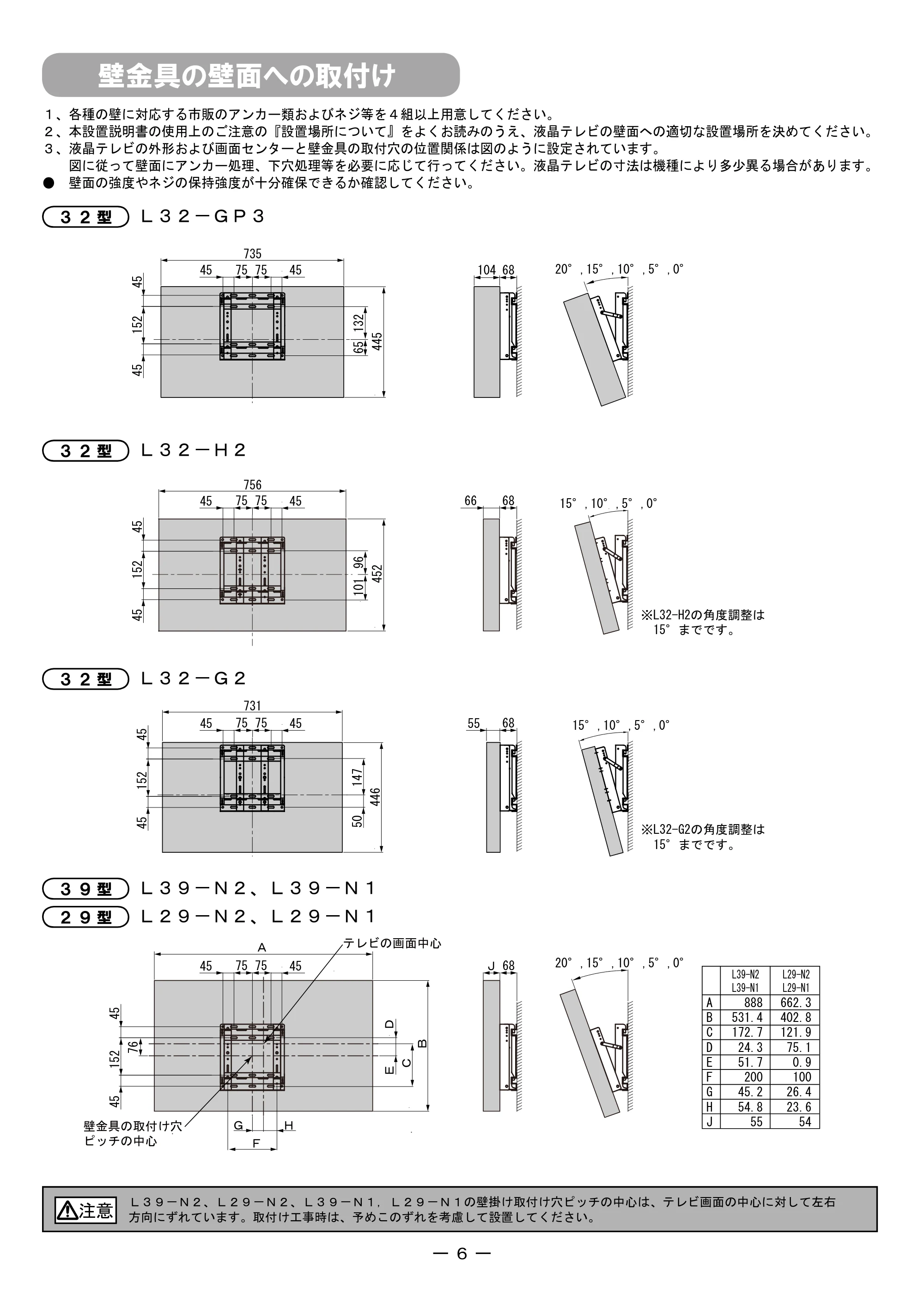日立 TB-LKA00A4 取扱説明書 — 壁金具の壁面への取付け — 原本ページ — 6ページ
