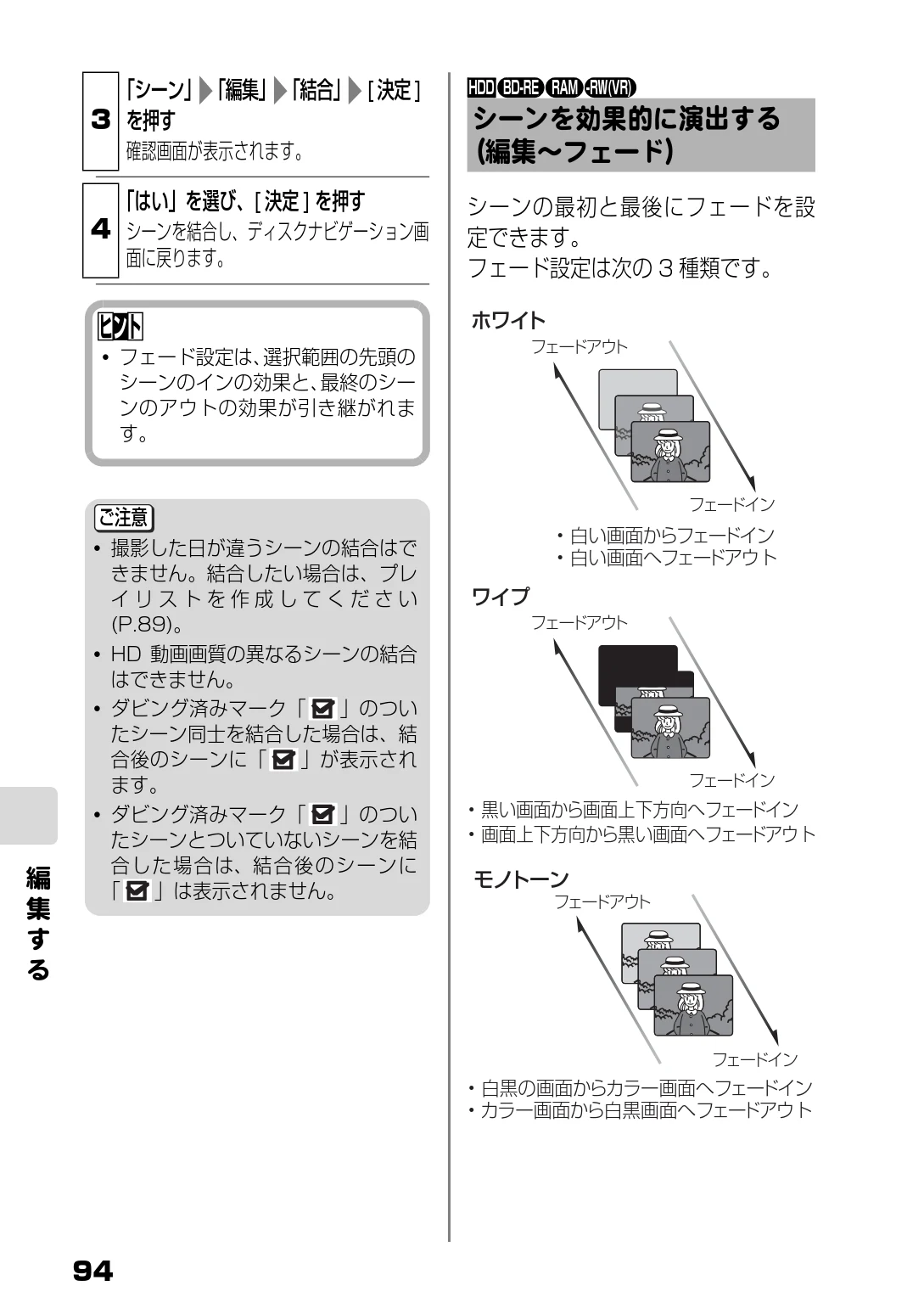 日立 DZ-BD7H / DZ-BD70 取扱説明書 — シーンを効果的に演出する(編集~フェード) — 図版 12-1 — 12ページ