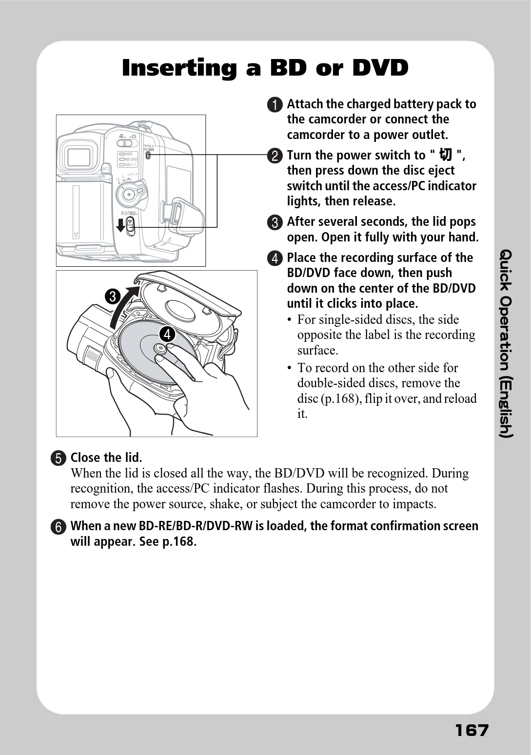 日立 DZ-BD7H / DZ-BD70 取扱説明書 — Inserting a BD or DVD — 図版 85-1 — 85ページ