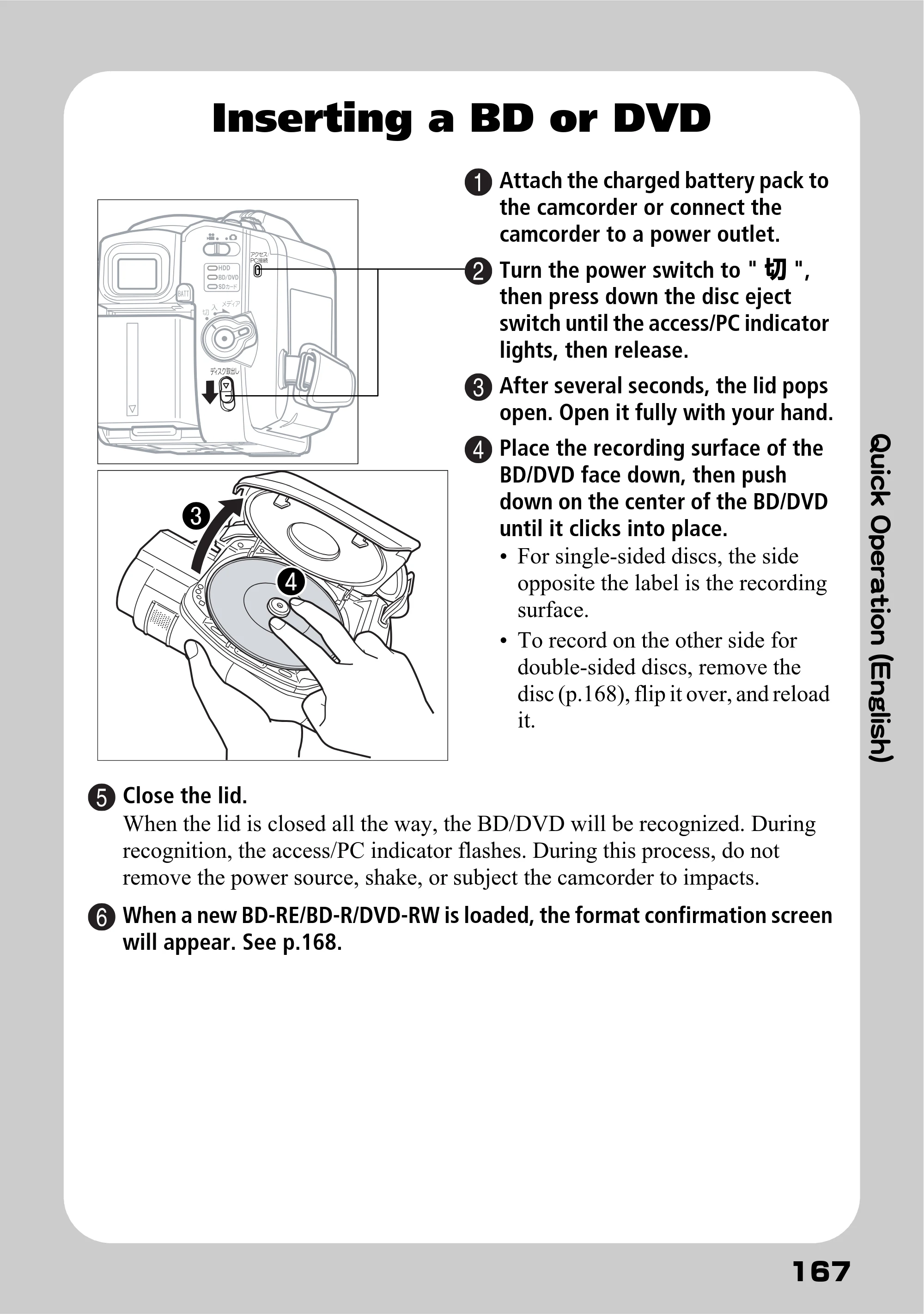 日立 DZ-BD7H / DZ-BD70 取扱説明書 — Inserting a BD or DVD — 原本ページ — 85ページ