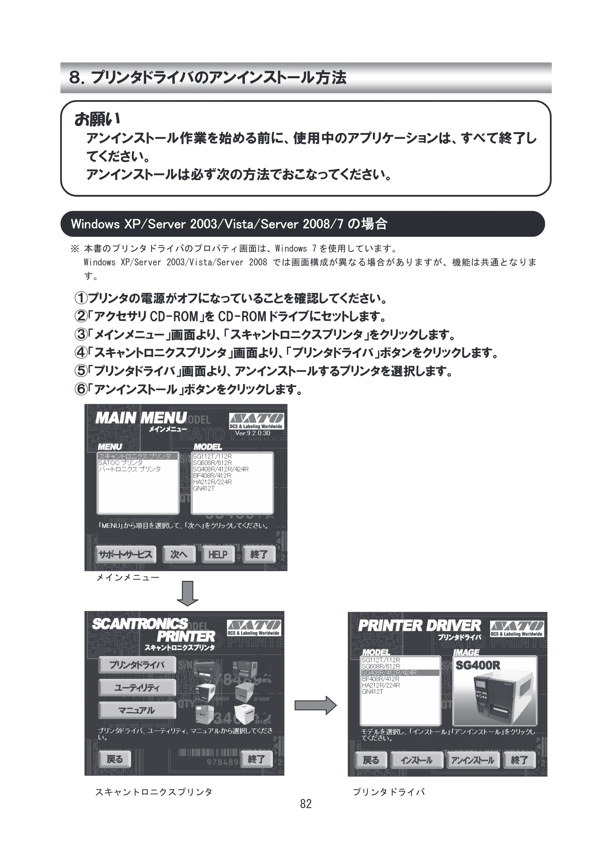 サトー SG608R / 612R セットアップガイド（初版） — 8. プリンタドライバのアンインストール方法 — 原本ページ — 83ページ