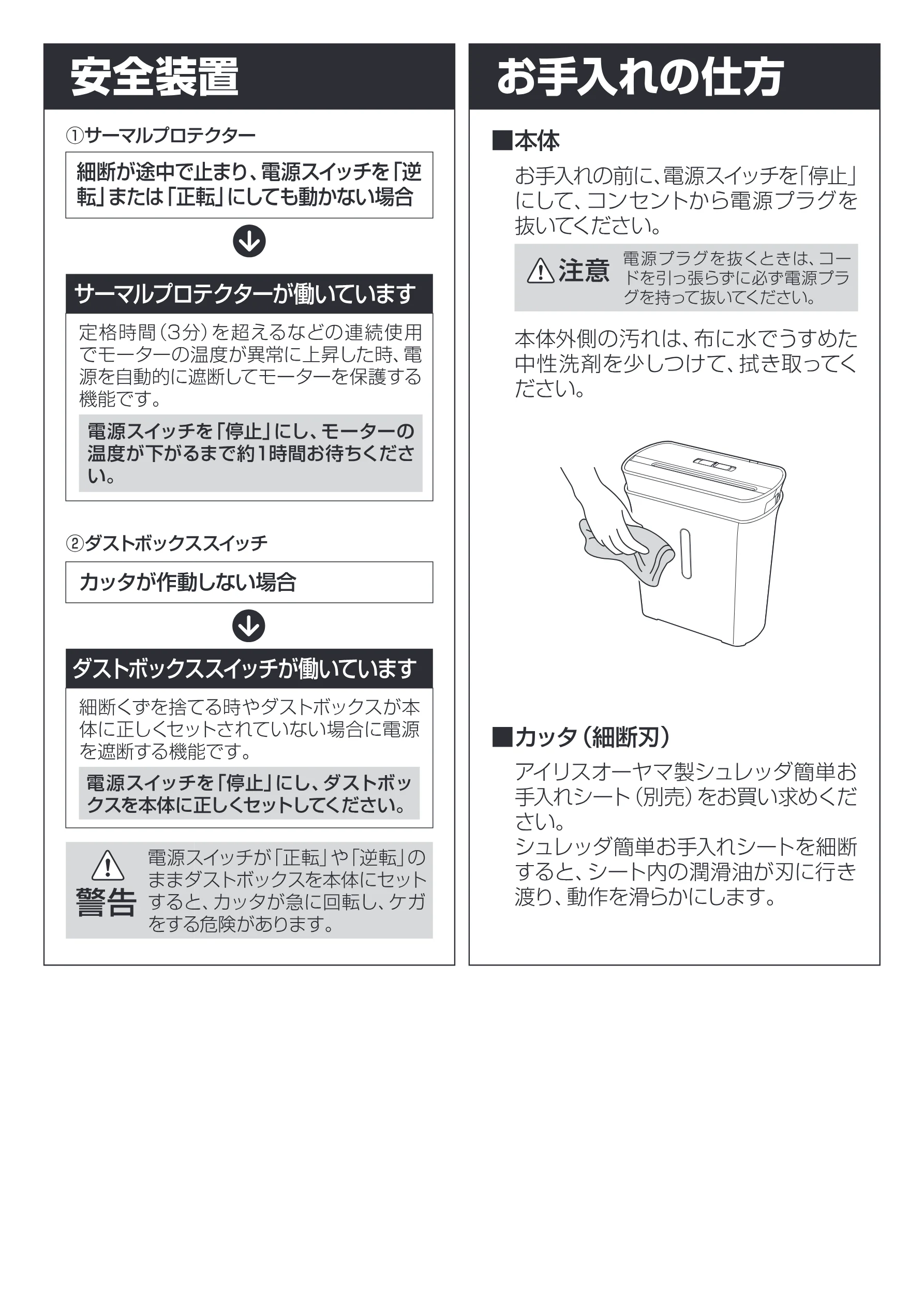 アイリスオーヤマ シュレッダー P5GC 取扱説明書 — ーー| レトコ 安全装置 お手入れ の仕方 — 図版 7-1 — 7ページ