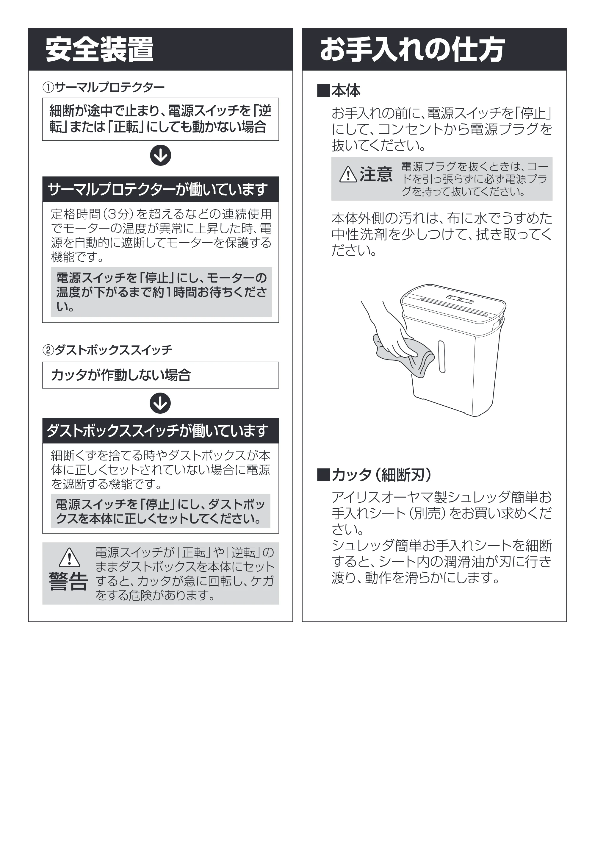 アイリスオーヤマ シュレッダー P5GC 取扱説明書 — ーー| レトコ 安全装置 お手入れ の仕方 — 原本ページ — 7ページ