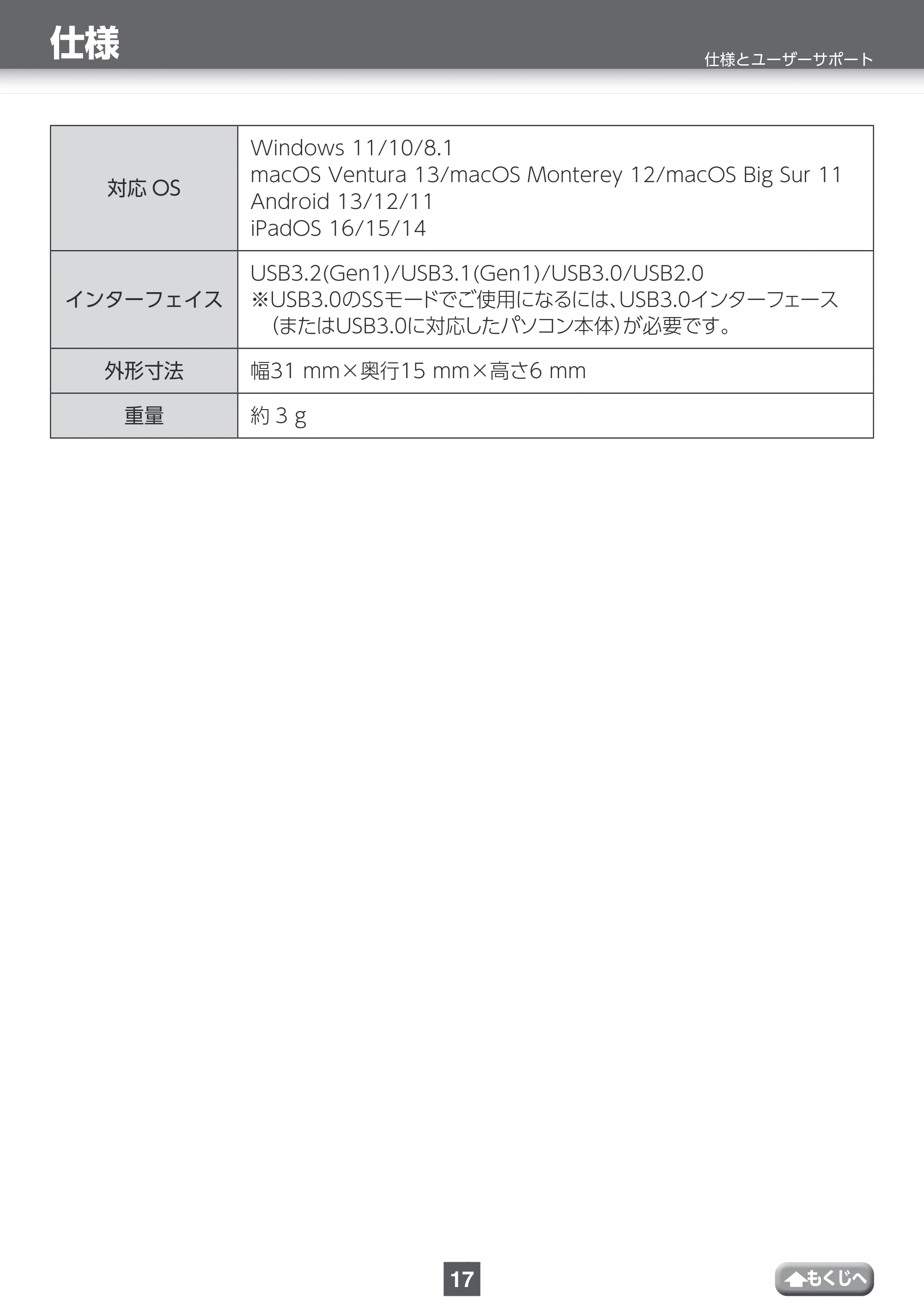 エレコム MF-CAU32032GBK / MF-CAU32032GSV / MF-CAU32064GBK 取扱説明書 — 仕様とユーザーサポート — 原本ページ — 17ページ