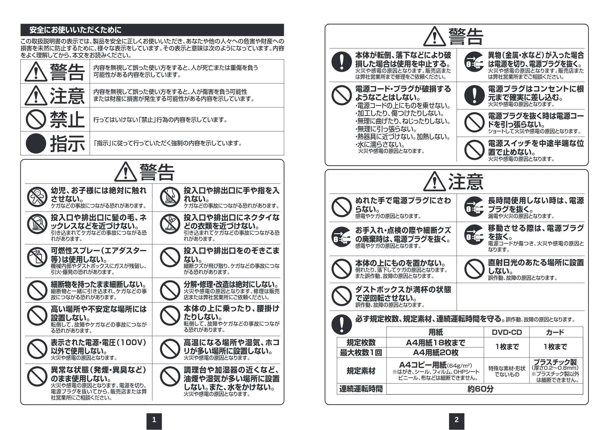 サンワサプライ 401-PSDC6018 / PSD-C6018 取扱説明書 — 「指示」に従って行っていただく強制の内容を示しています。 禁止 指示 — 原本ページ — 2ページ