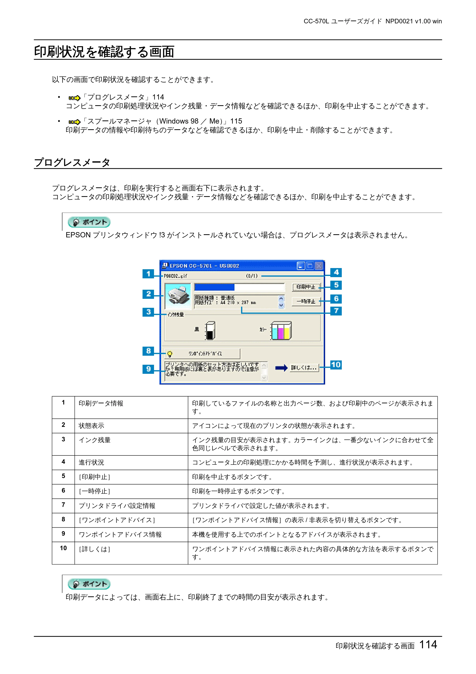 エプソン CC-570L CC-570L ユーザーズガイド (Windows版) — 印刷状況を確認する画面 — 原本ページ — 114ページ