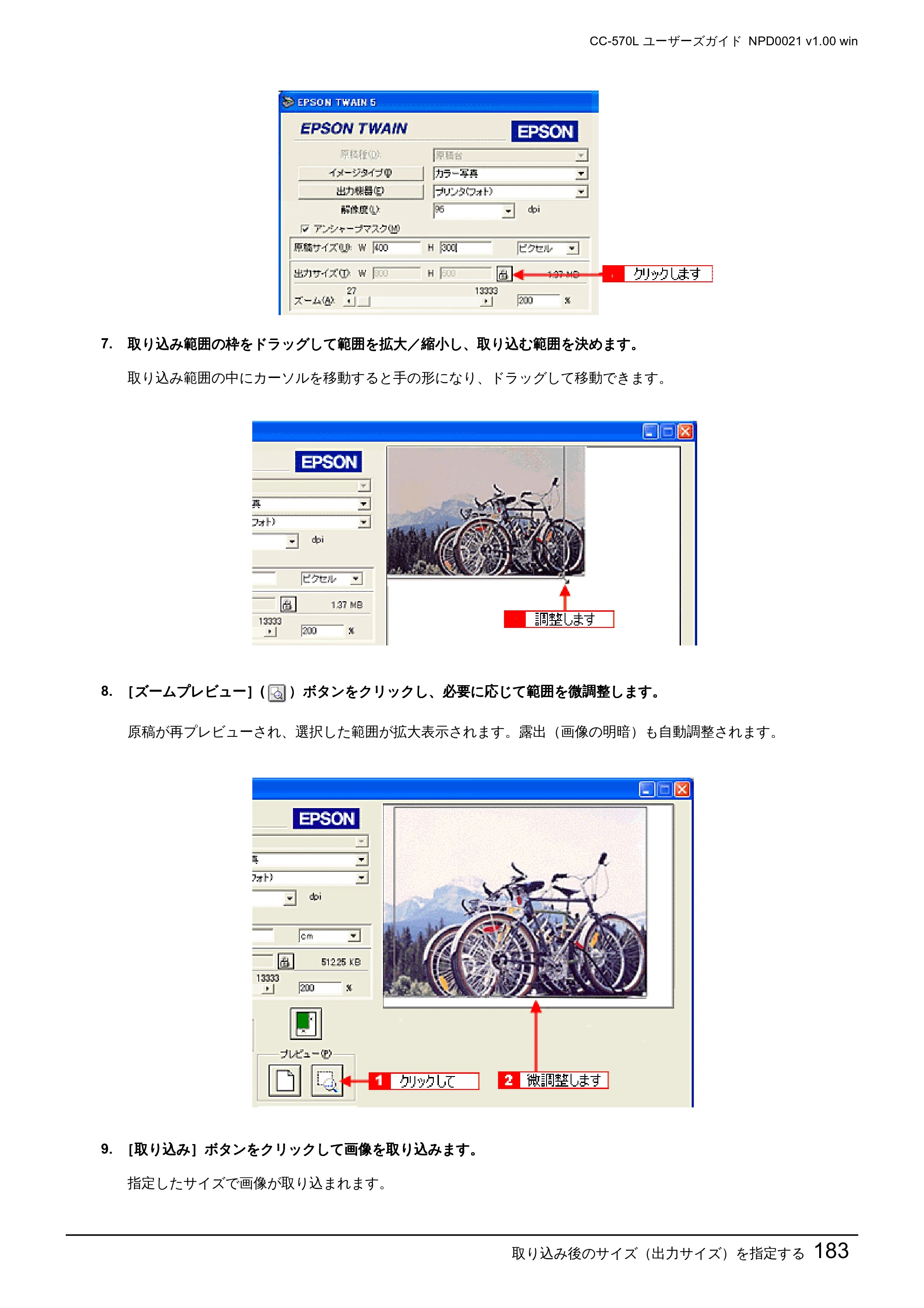エプソン CC-570L CC-570L ユーザーズガイド (Windows版) — 取り込み後のサイズ(出力サイズ)を指定する183 — 原本ページ — 183ページ