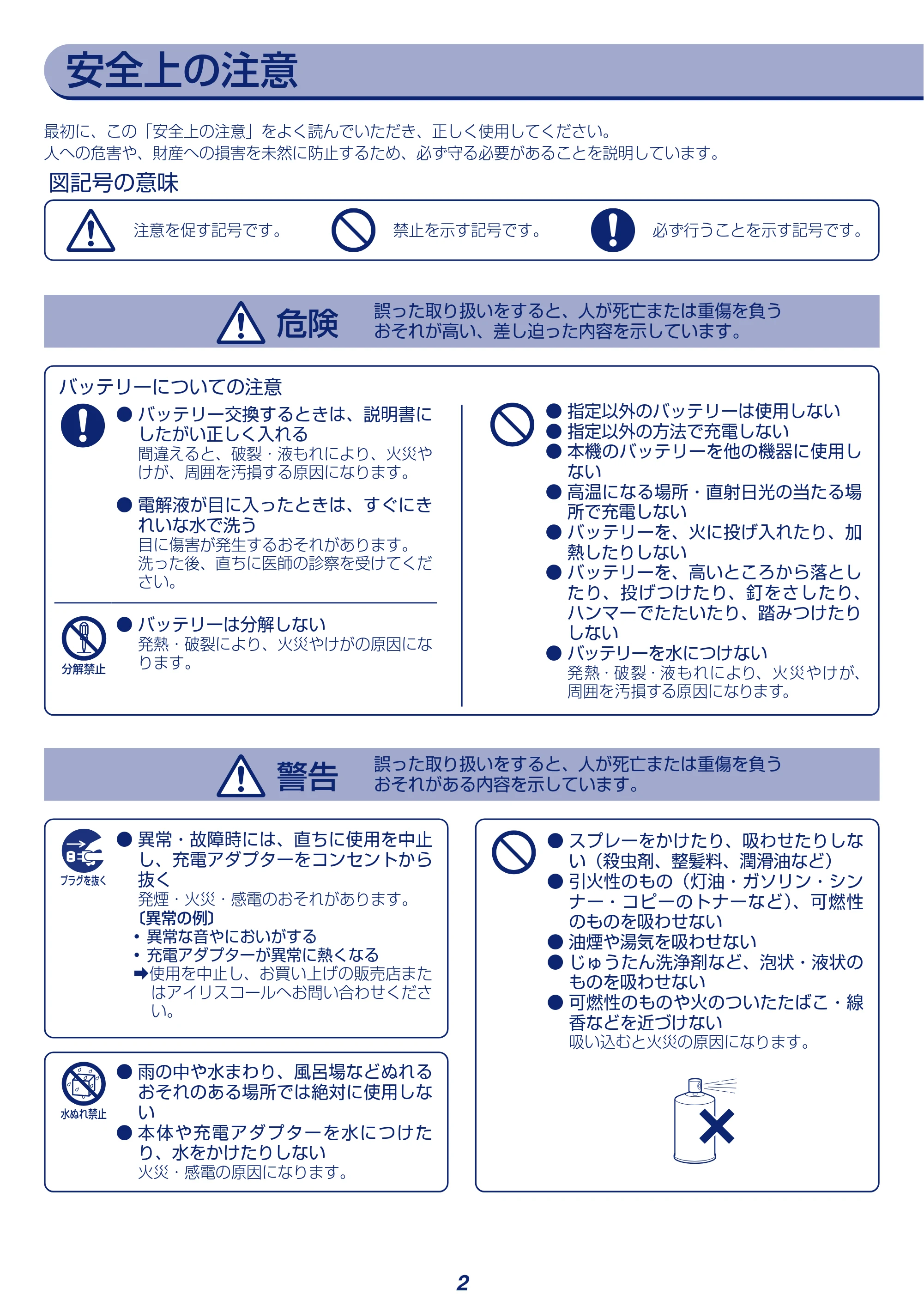 アイリスオーヤマ SBD-F2PC 取扱説明書 — 安全上の注意 — 原本ページ — 2ページ