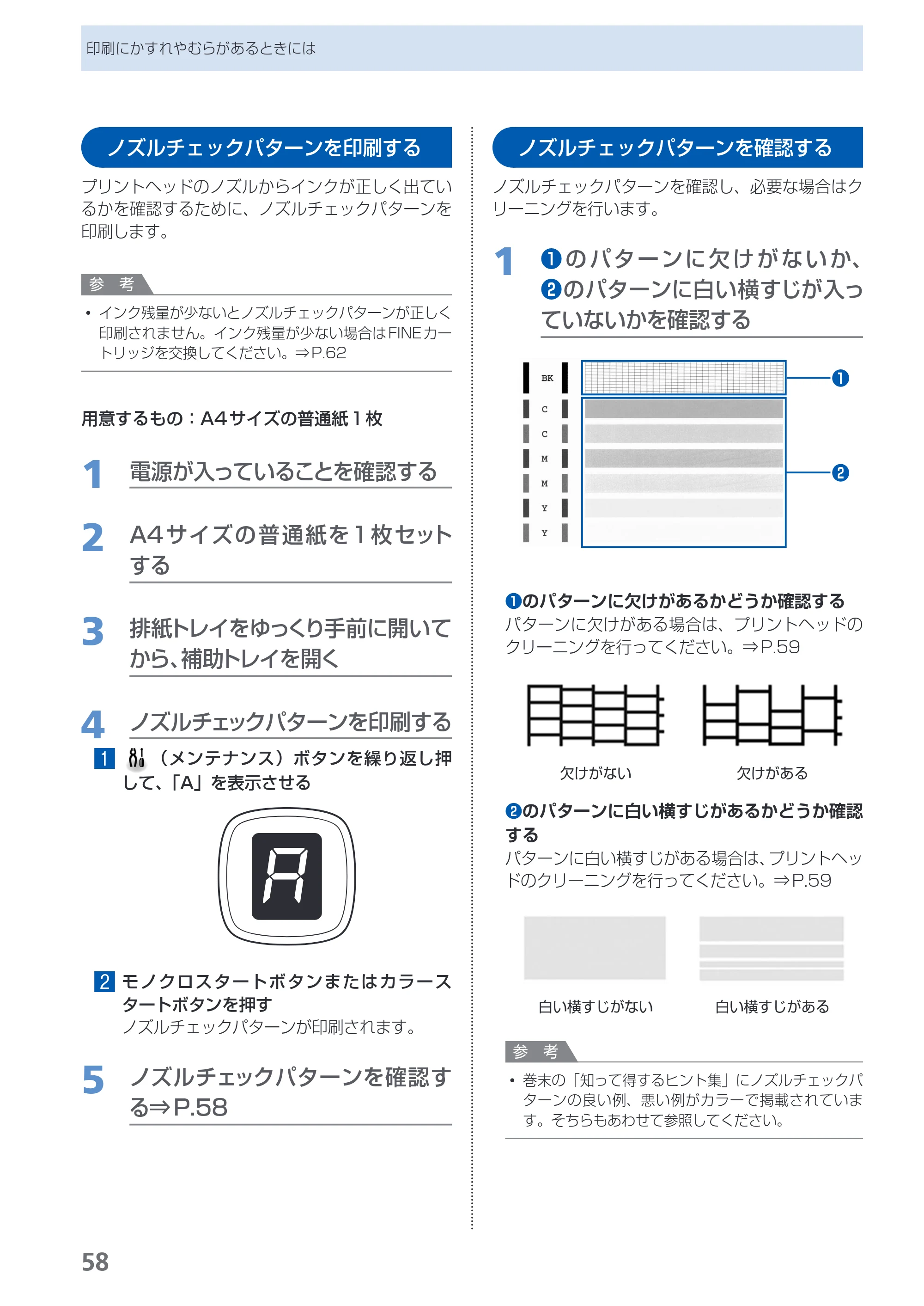 キヤノン PIXUS MP270 らくらく操作ガイド （PDF形式／14.82Mバイト） — ノズルチェックパターンを印刷する — 原本ページ — 60ページ