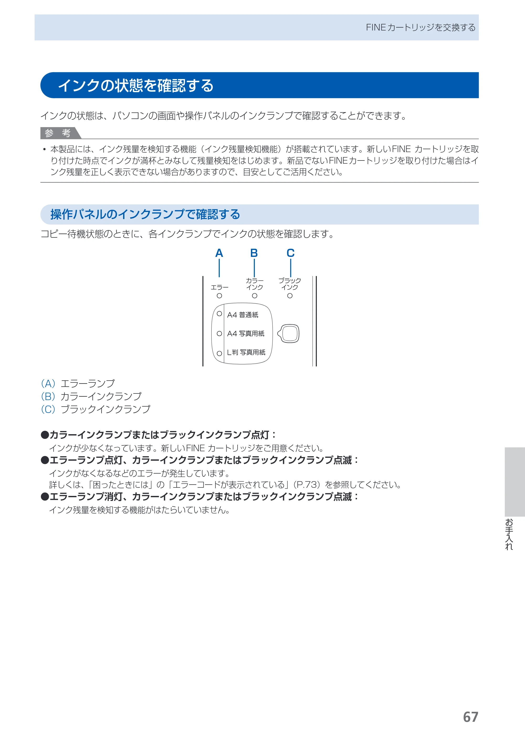 キヤノン PIXUS MP270 らくらく操作ガイド （PDF形式／14.82Mバイト） — インクの状態を確認する — 原本ページ — 69ページ
