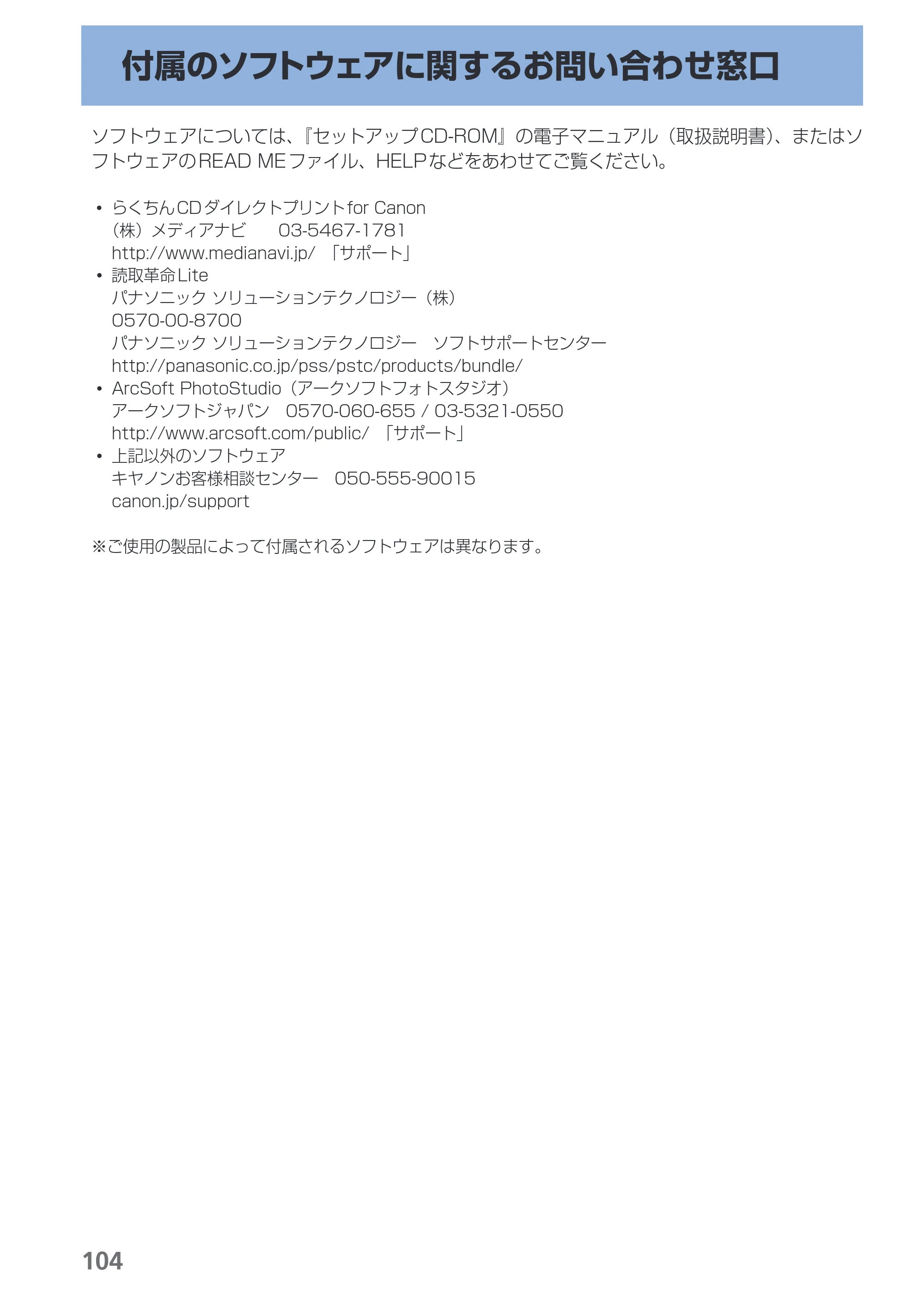 キヤノン PIXUS MP270 らくらく操作ガイド （PDF形式／14.82Mバイト） — 付属のソフトウェアに関するお問い合わせ窓口 — 原本ページ — 106ページ