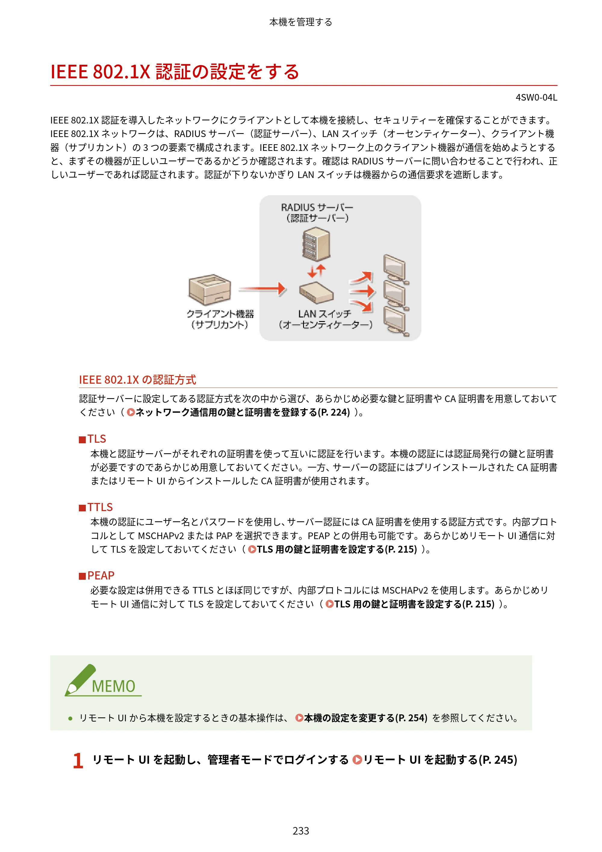 キヤノン LBP224/LBP221 ユーザーズガイド 2019年10月16日掲載（PDF：4.03MB） — IEEE 802.1X認証の設定をする — 原本ページ — 239ページ