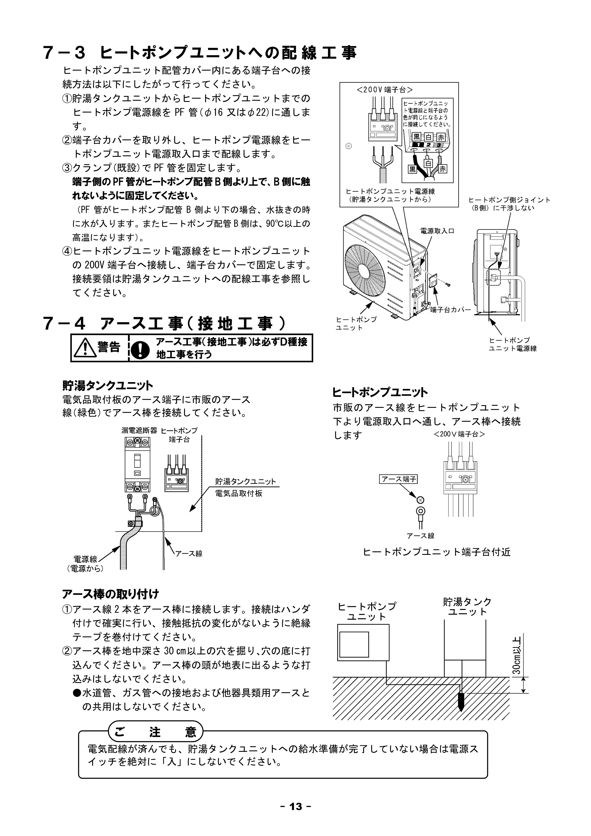 日立 BHP-F37FU / BHP-F46FU 工事説明書 — ７－３ ヒートポンプユニットへの配線工事 — 原本ページ — 13ページ
