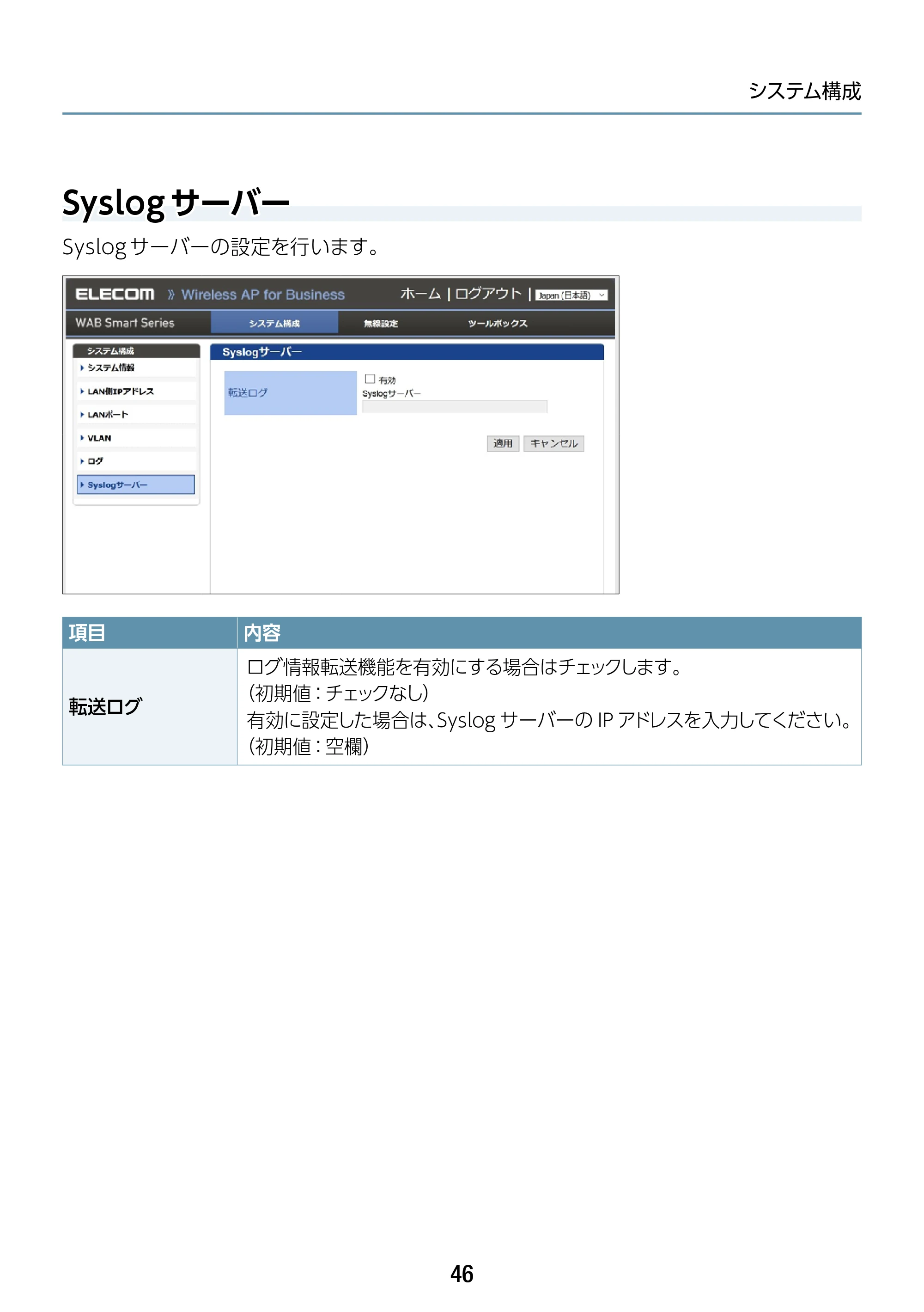 エレコム WAB-S1775 2.ユーザーズマニュアル — Syslogサーバー — 原本ページ — 46ページ