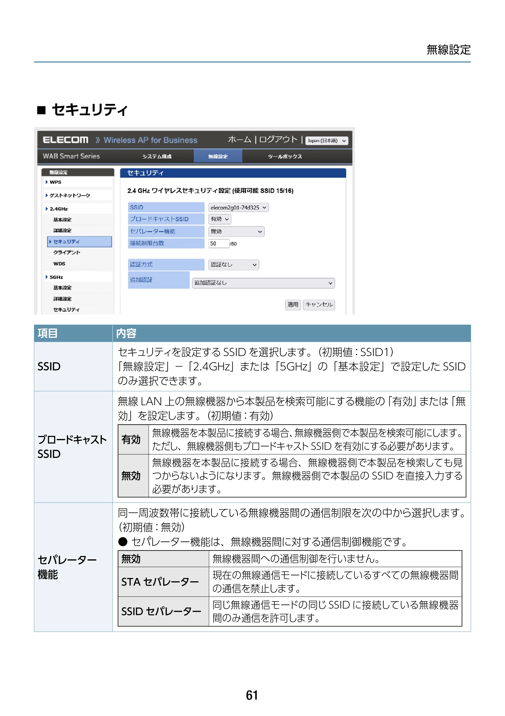 エレコム WAB-S1775 2.ユーザーズマニュアル — セキュリティ — 原本ページ — 61ページ