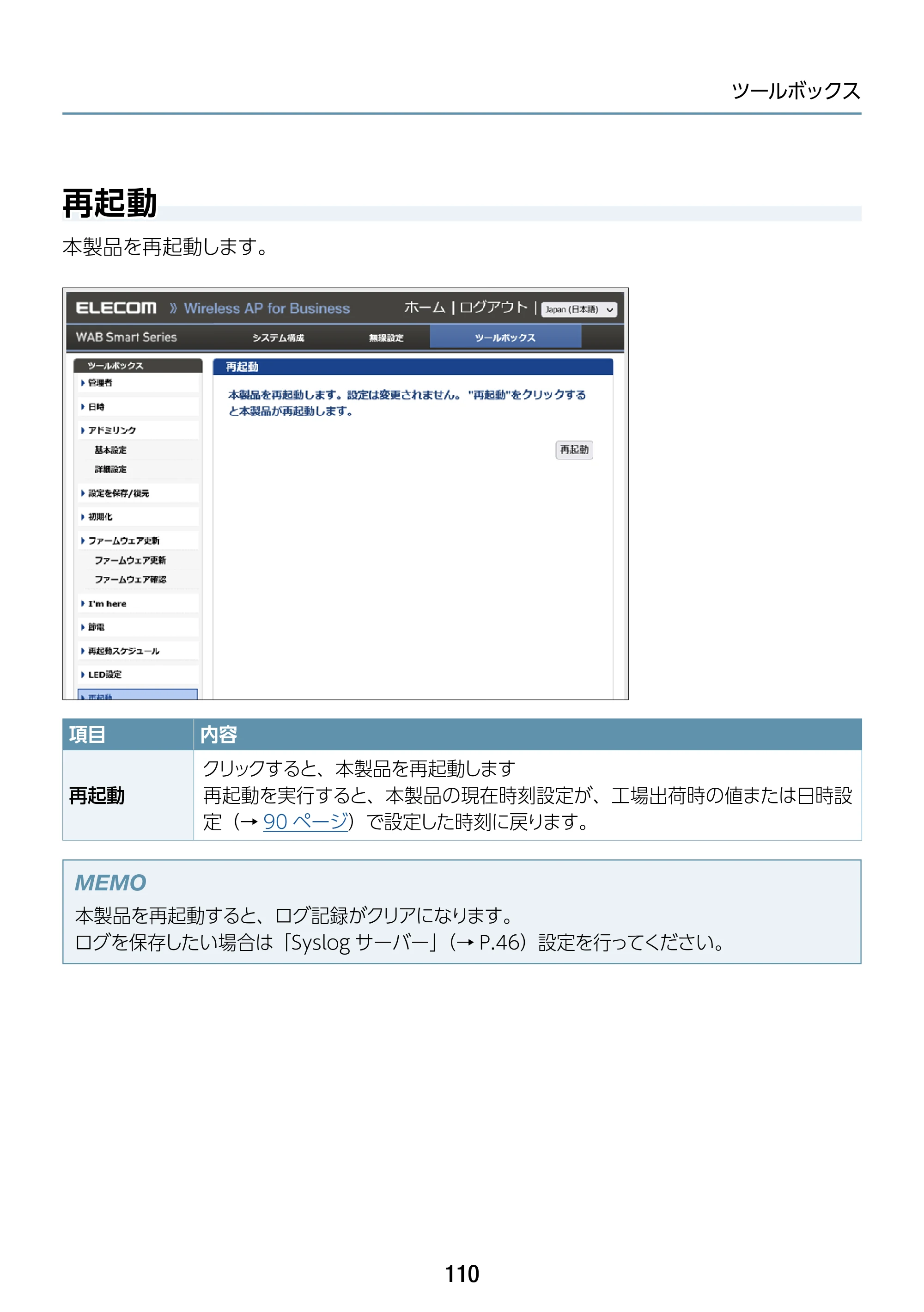 エレコム WAB-S1775 2.ユーザーズマニュアル — 再起動 — 原本ページ — 110ページ