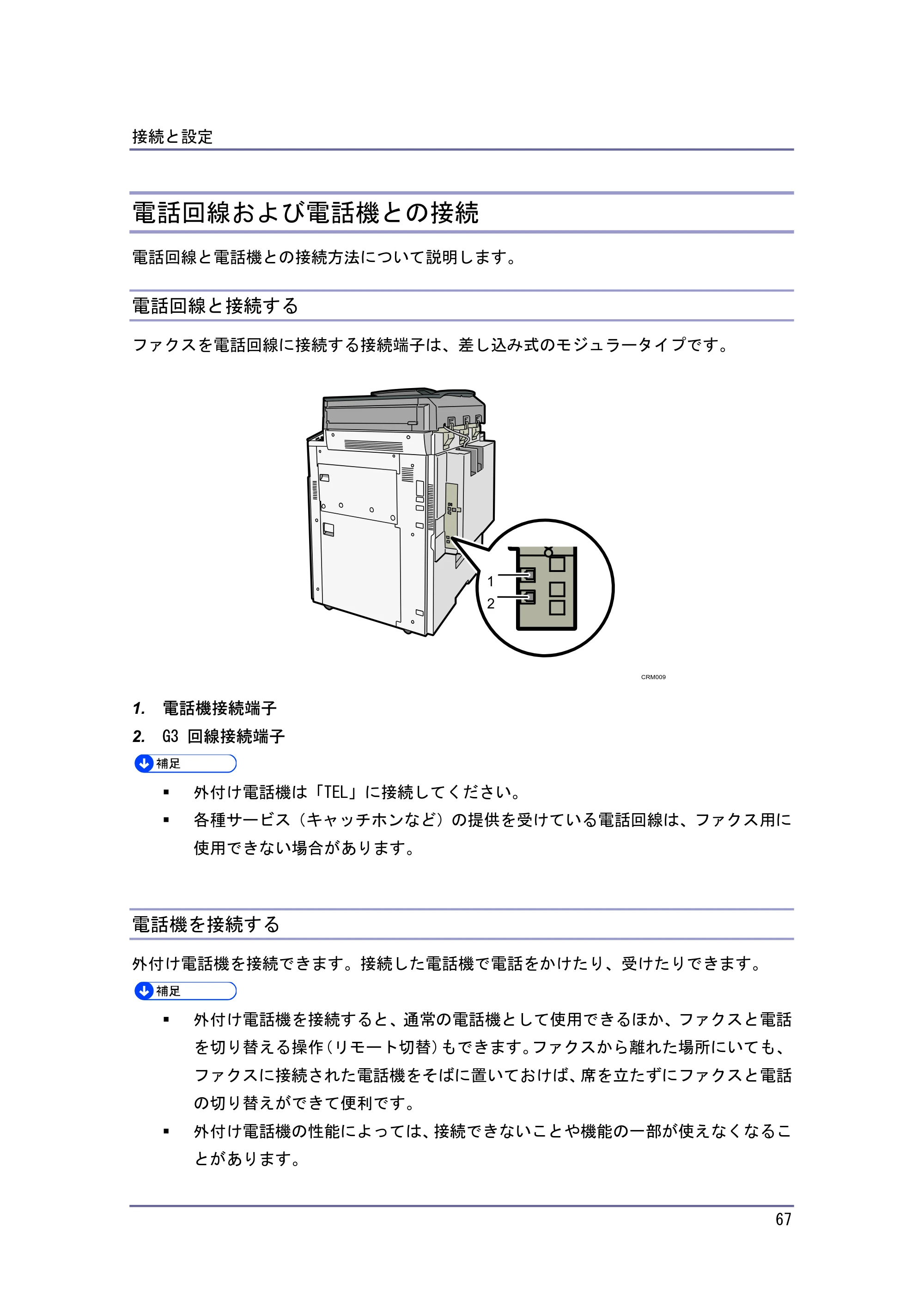 キヤノン iR W940/W940N ネットワークの接続＆システム初期設定 （PDF形式／4.19Mバイト） — 電話回線および電話機との接続 — 原本ページ — 67ページ