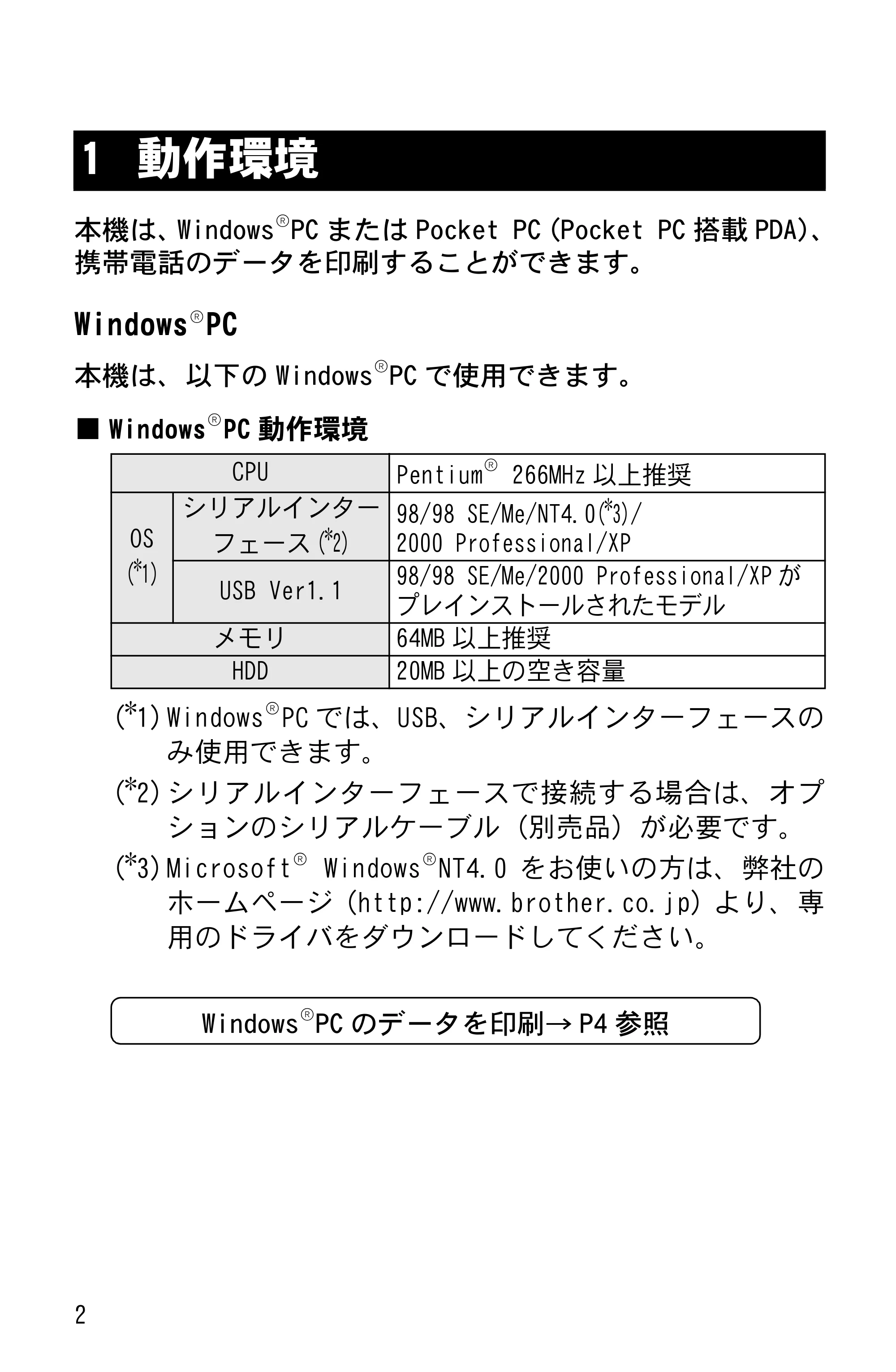 ブラザー MW-120 ソフトウェアガイド — 1 動作環境 — 原本ページ — 4ページ