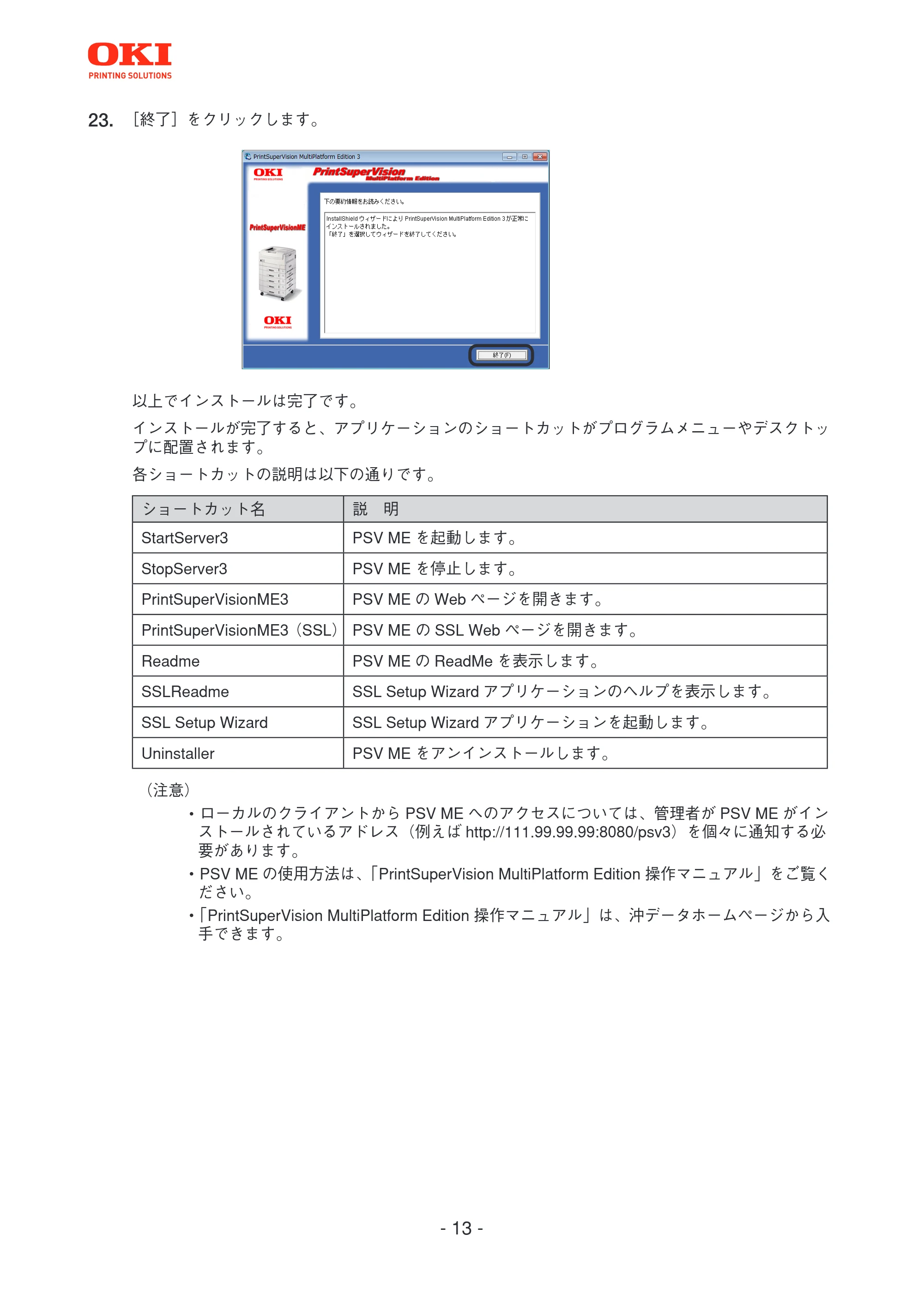沖電気 C301dn / C312dn / C310dn PrintSuperVision MultiPlatform Edition インストールマニュアル 言語 : 日本語 ac1 (サイズ: 4.0 MB) — 原本ページ — 13ページ
