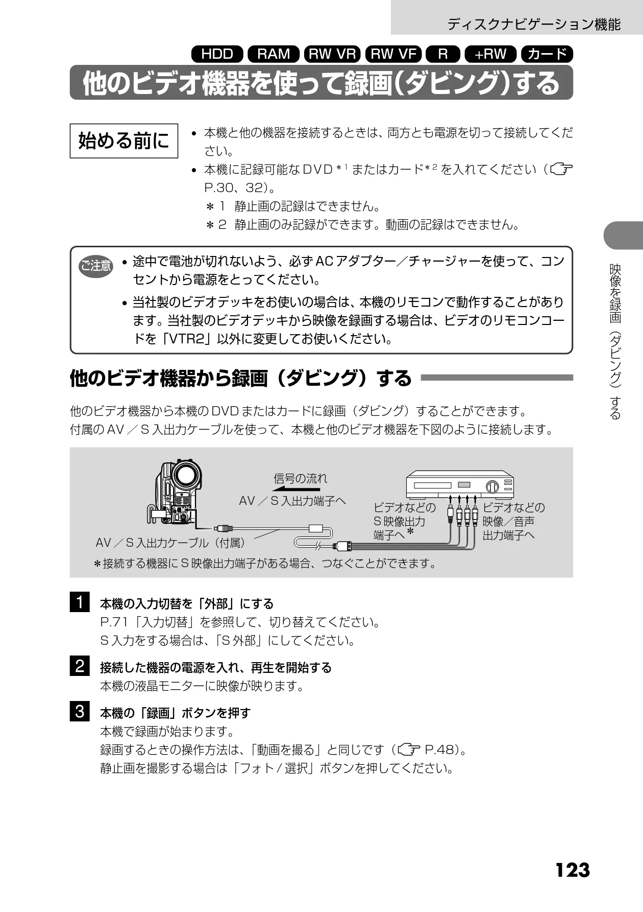 日立 DZ-HS303 取扱説明書 — 他のビデオ機器を使って録画（ダビング）する — 図版 123-1 — 123ページ