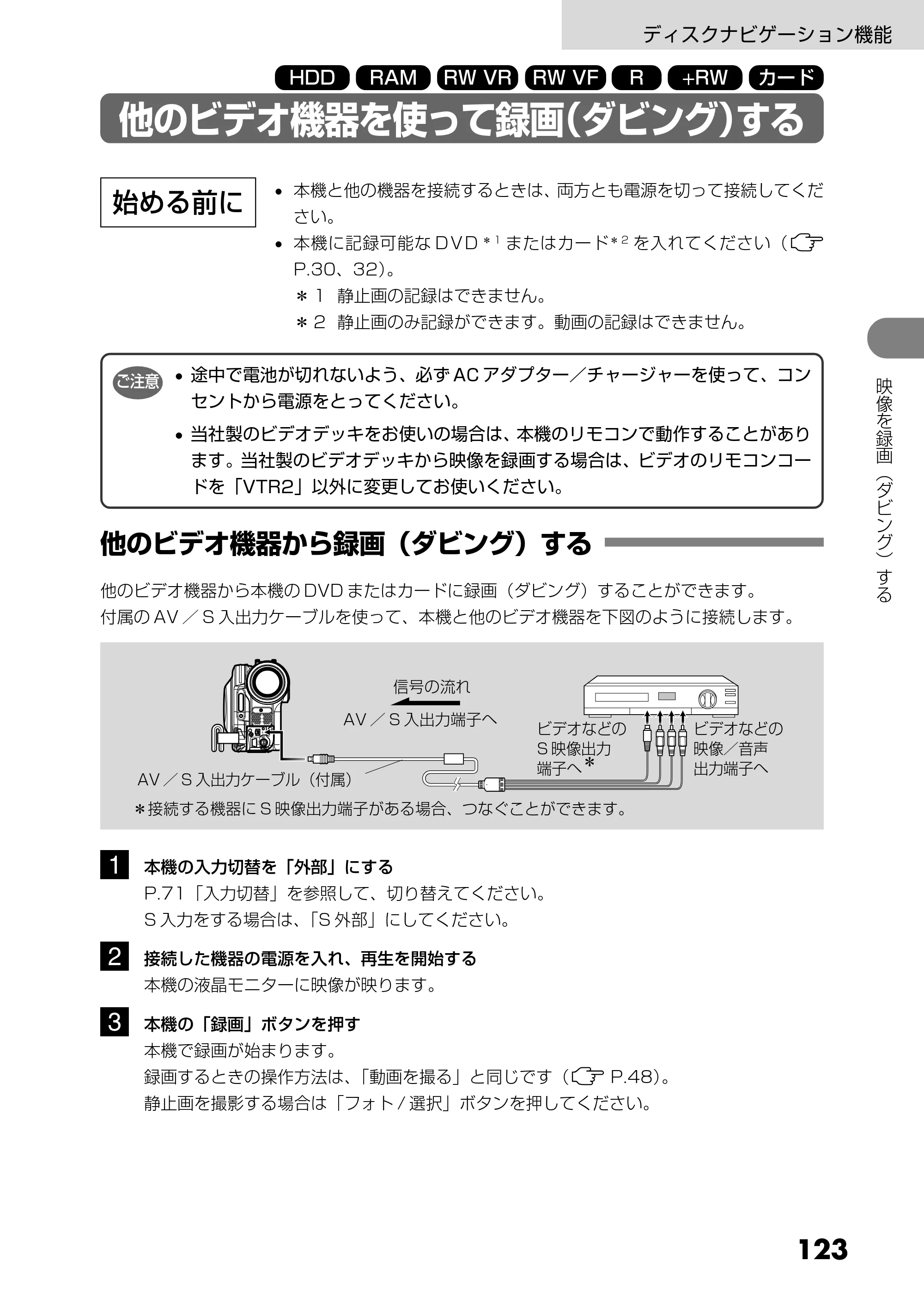 日立 DZ-HS303 取扱説明書 — 他のビデオ機器を使って録画（ダビング）する — 原本ページ — 123ページ
