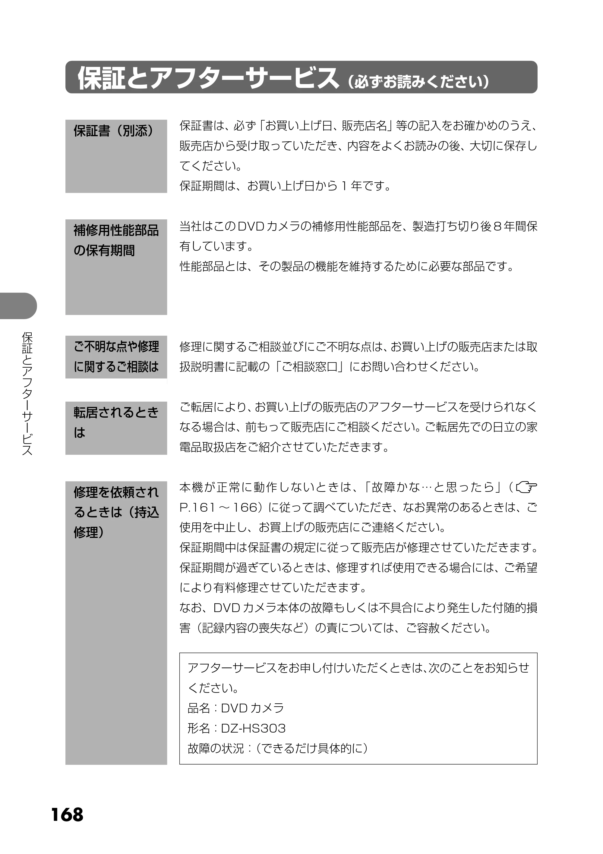日立 DZ-HS303 取扱説明書 — 保証とアフターサービス（必ずお読みください） — 原本ページ — 168ページ