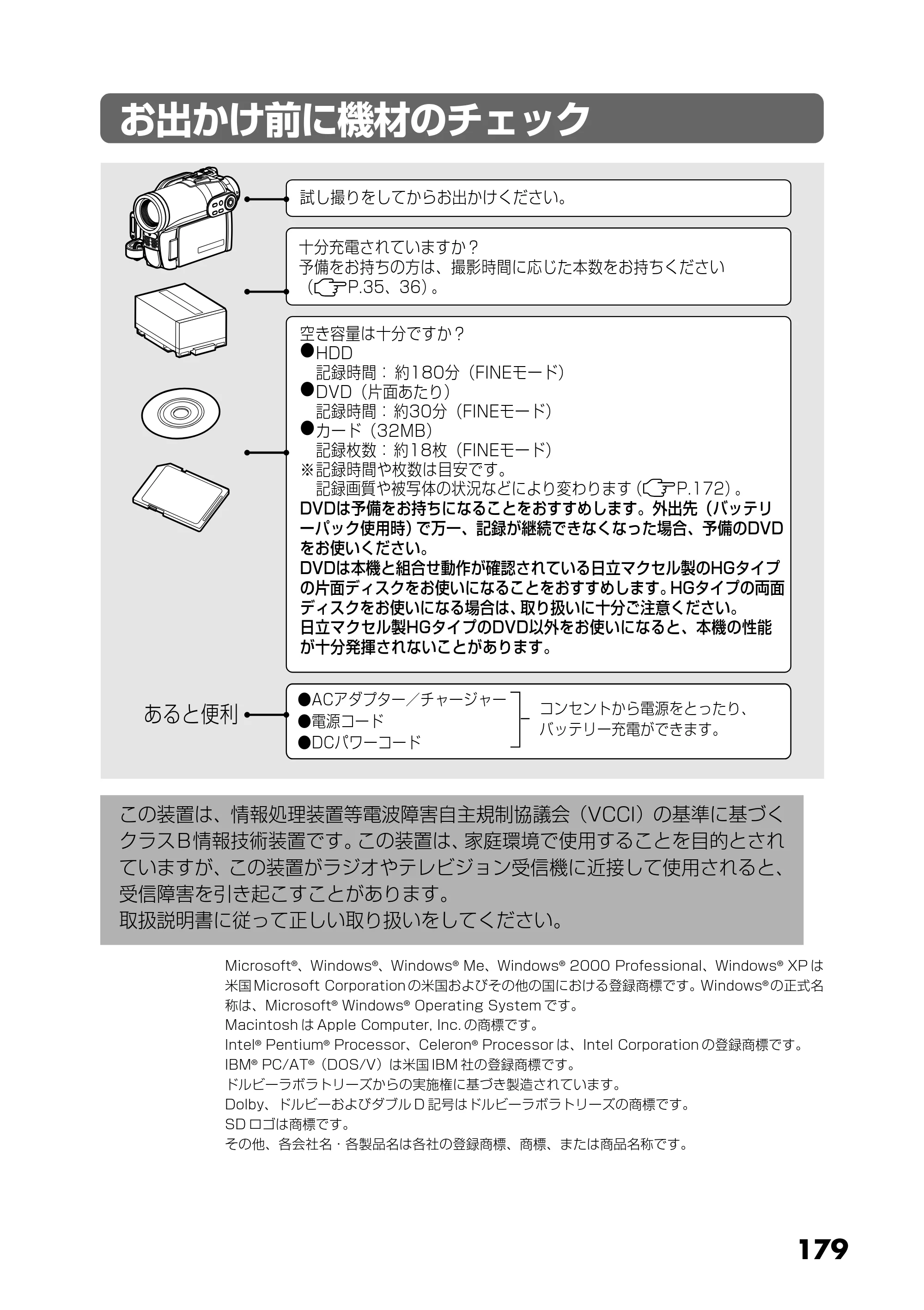日立 DZ-HS303 取扱説明書 — お出かけ前に機材のチェック — 原本ページ — 179ページ