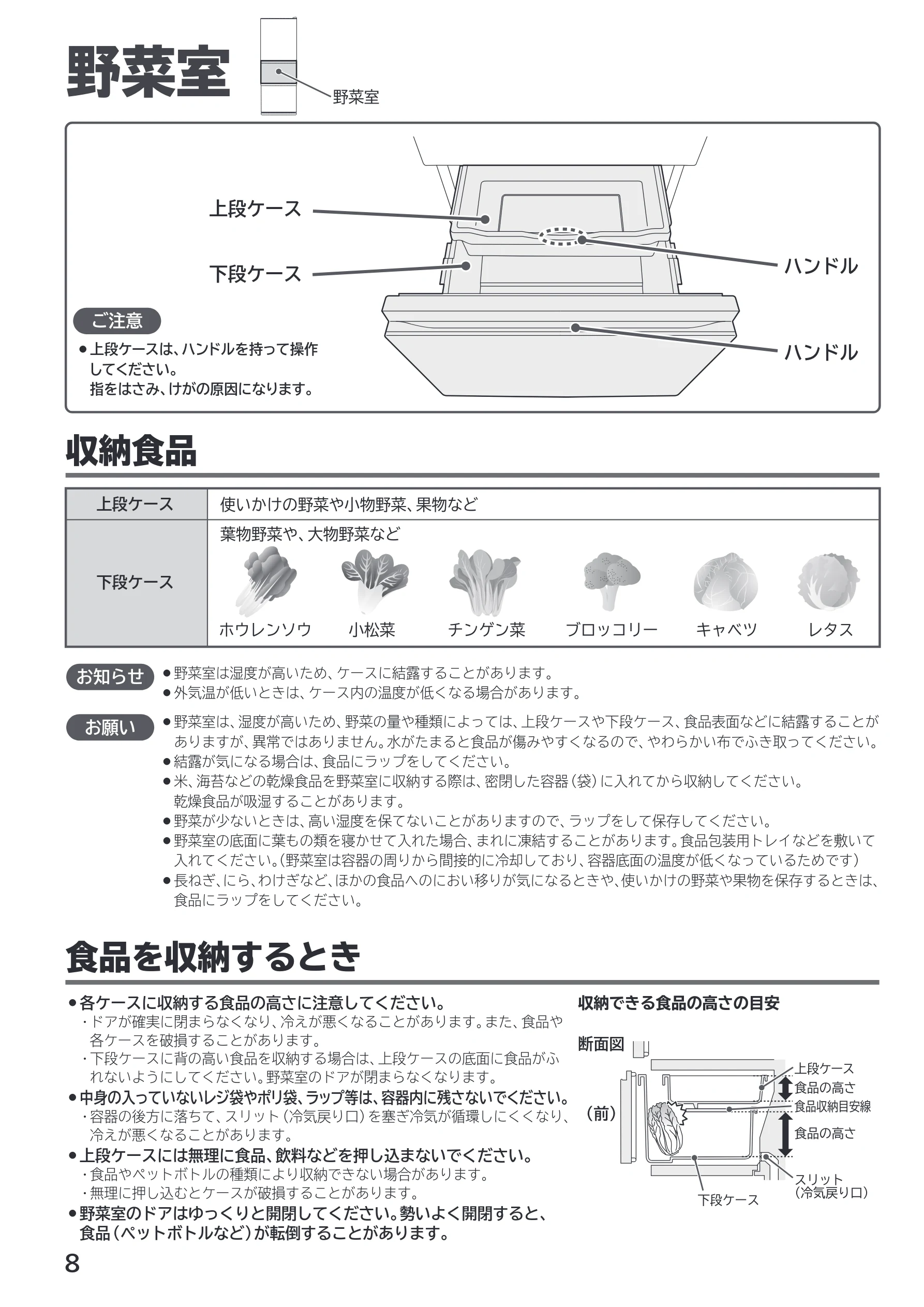 日立 R-27X 取扱説明書 — 野菜室 — 図版 8-1 — 8ページ