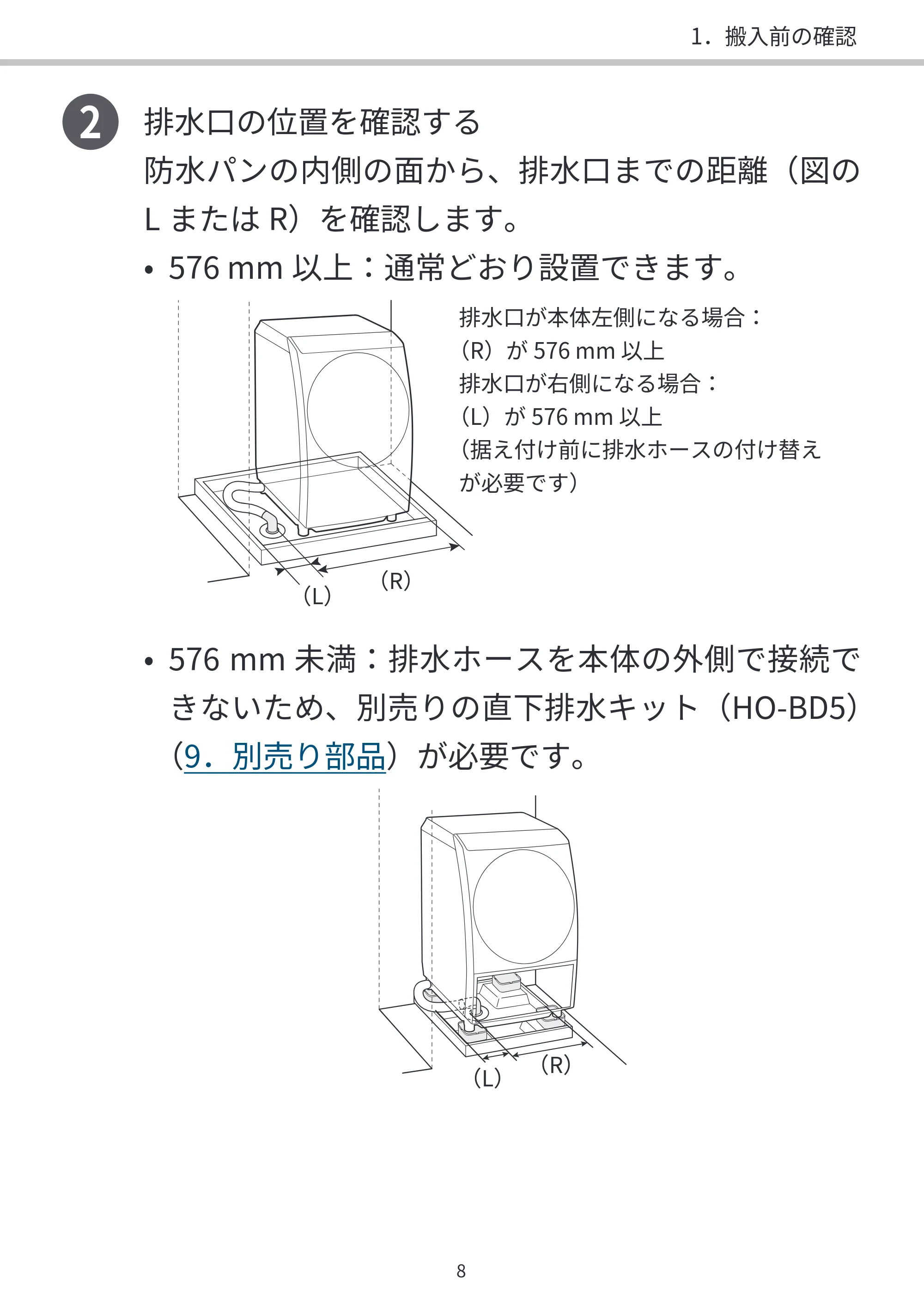 日立 BD-SVX120PL / BD-SVX120PR / BD-STX130PL 据付説明書 — 2 排水口の位置を確認する — 原本ページ — 8ページ