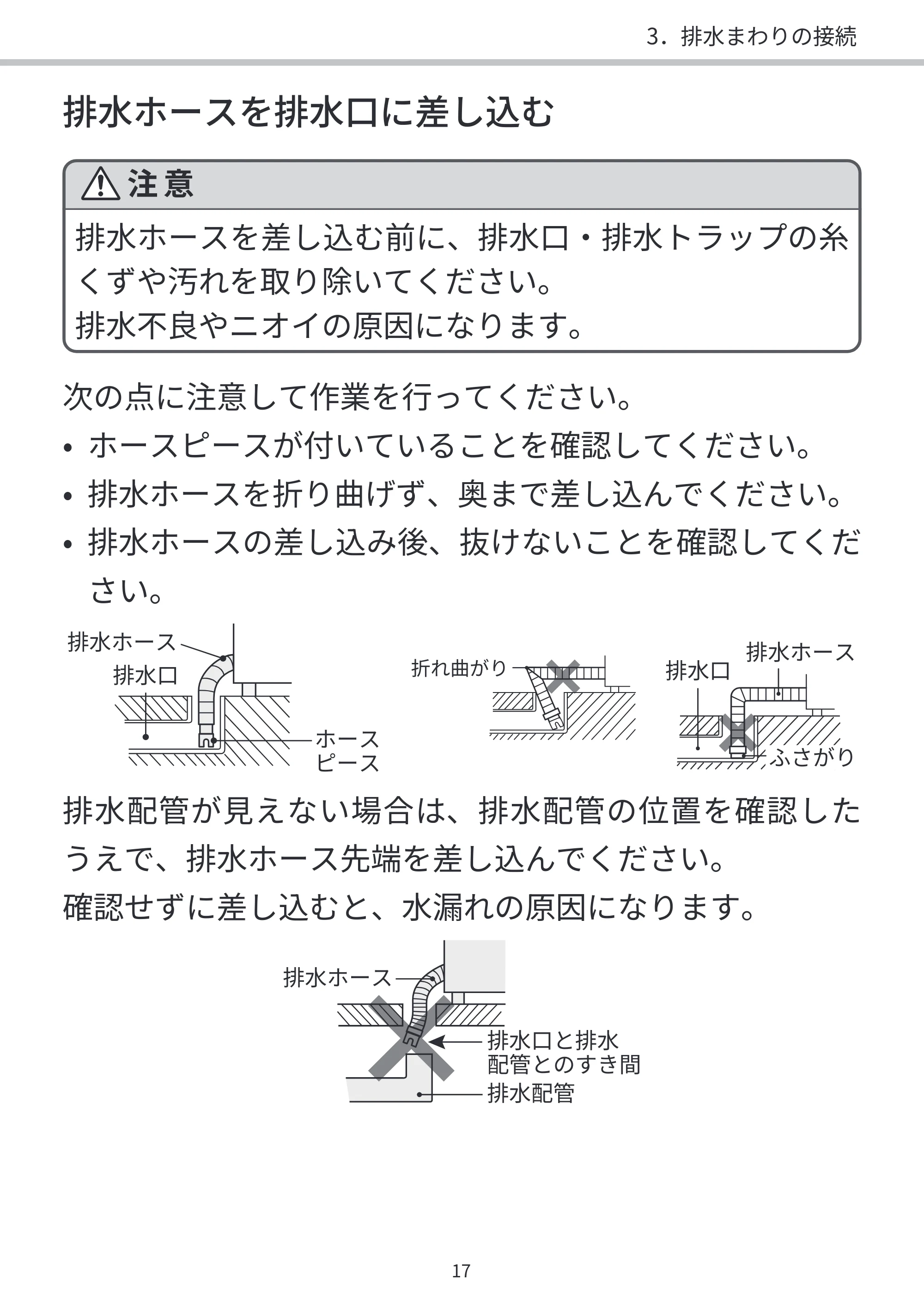 日立 BD-SVX120PL / BD-SVX120PR / BD-STX130PL 据付説明書 — 排水ホースを排水口に差し込む — 原本ページ — 17ページ