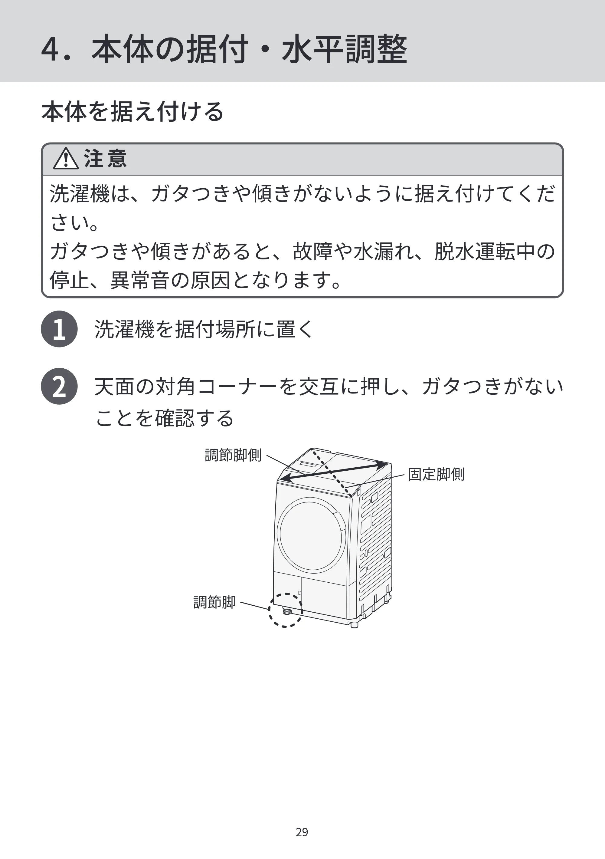 日立 BD-SVX120PL / BD-SVX120PR / BD-STX130PL 据付説明書 — 4．本体の据付・水平調整 — 原本ページ — 29ページ