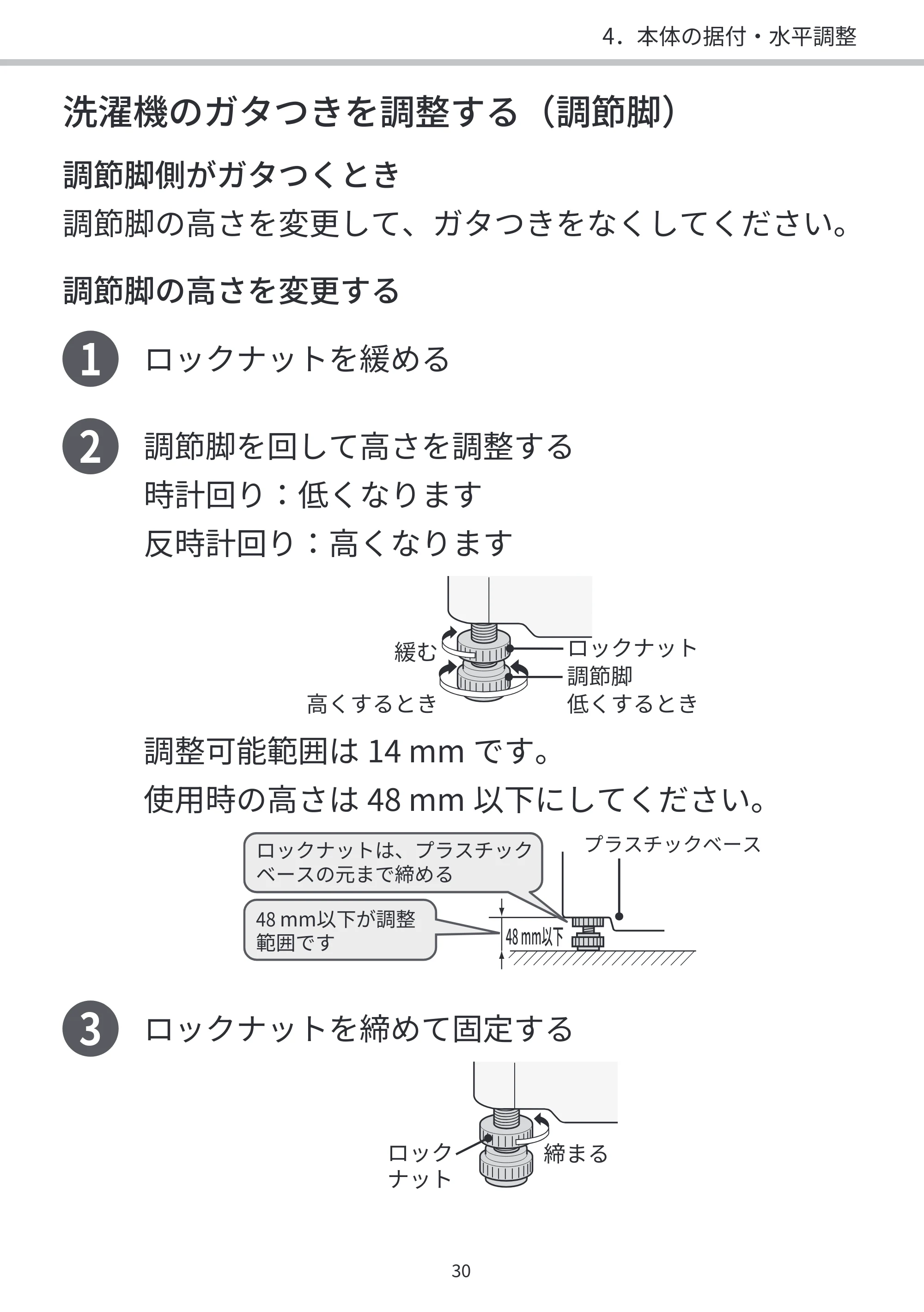 日立 BD-SVX120PL / BD-SVX120PR / BD-STX130PL 据付説明書 — 洗濯機のガタつきを調整する（調節脚） — 原本ページ — 30ページ
