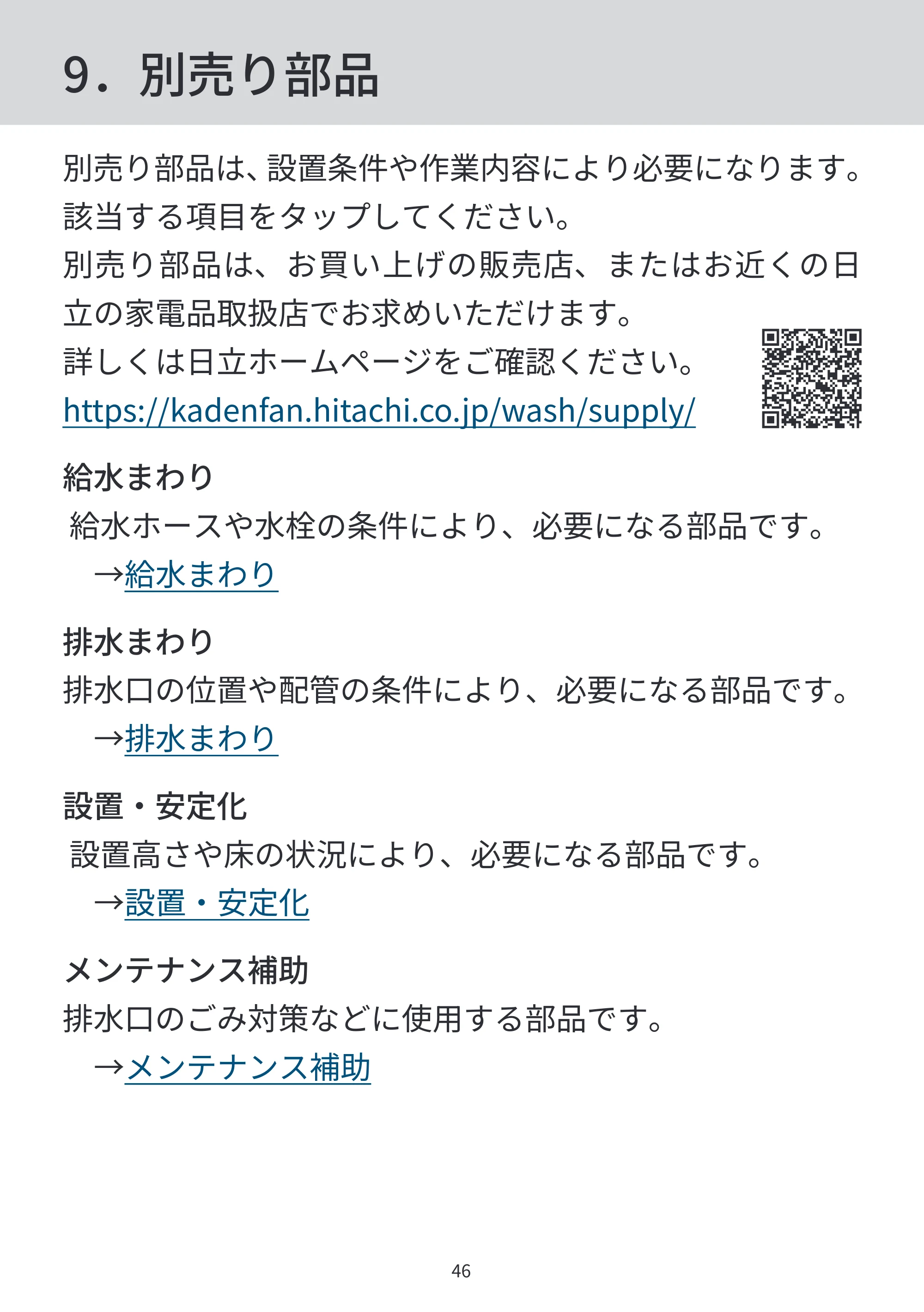 日立 BD-SVX120PL / BD-SVX120PR / BD-STX130PL 据付説明書 — 9.別売り部品 — 原本ページ — 46ページ