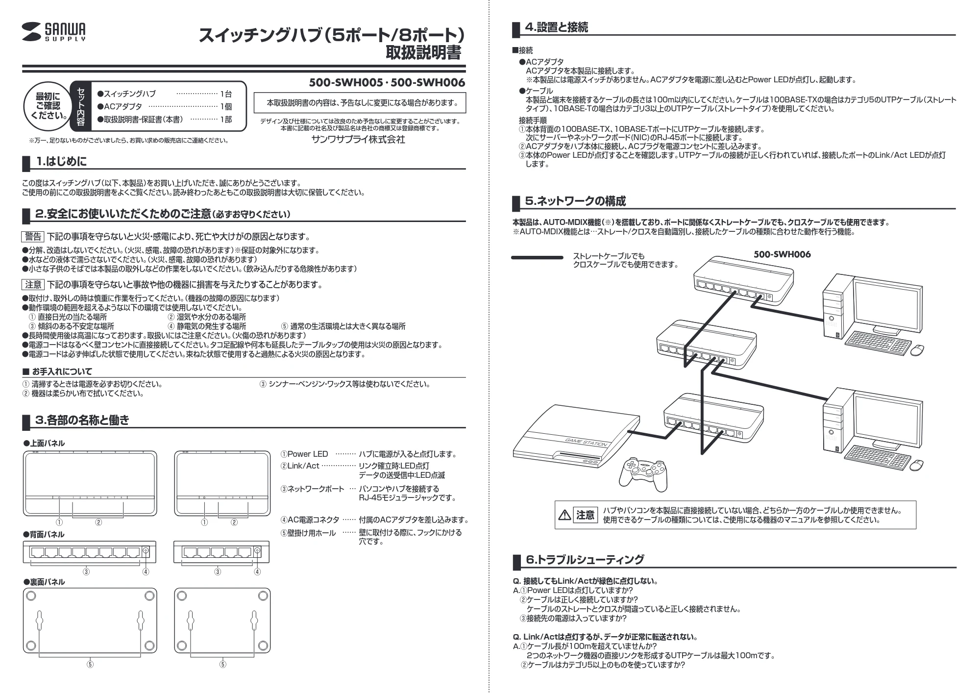 サンワサプライ 500-SWH005-2 / 500-SWH006-2 / 500-SWH006-10 取扱説明書 — 6.トラブルシューティング — 原本ページ — 1ページ