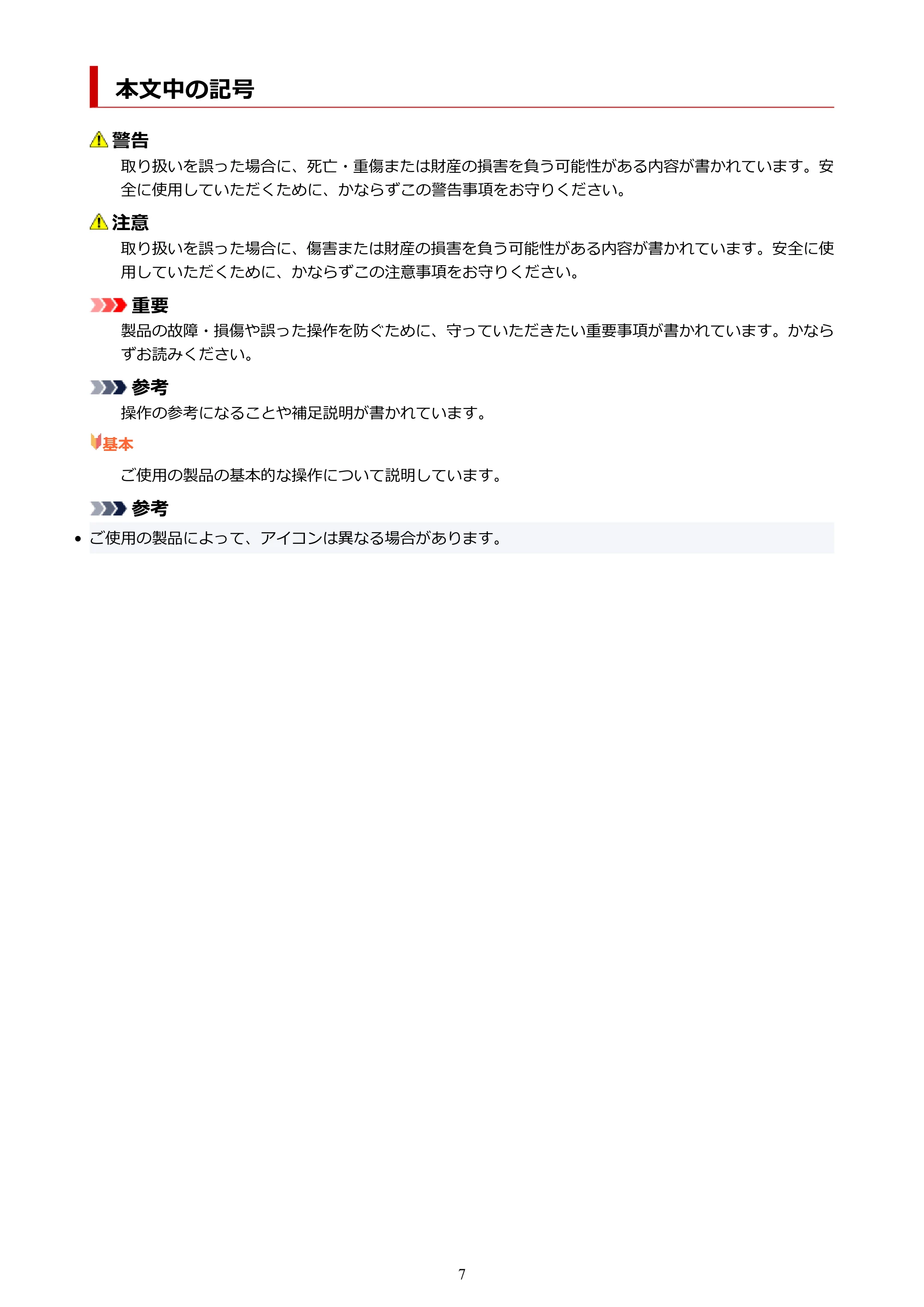 キヤノン PRO-1100 / PRO-6600・PRO-4600・PRO-2600 / TX-4200・TX-3200・TX-2200 PosterArtist ガイド 2025年12月25日更新(PDF:5.44MB) — 本文中の記号 — 原本ページ — 7ページ