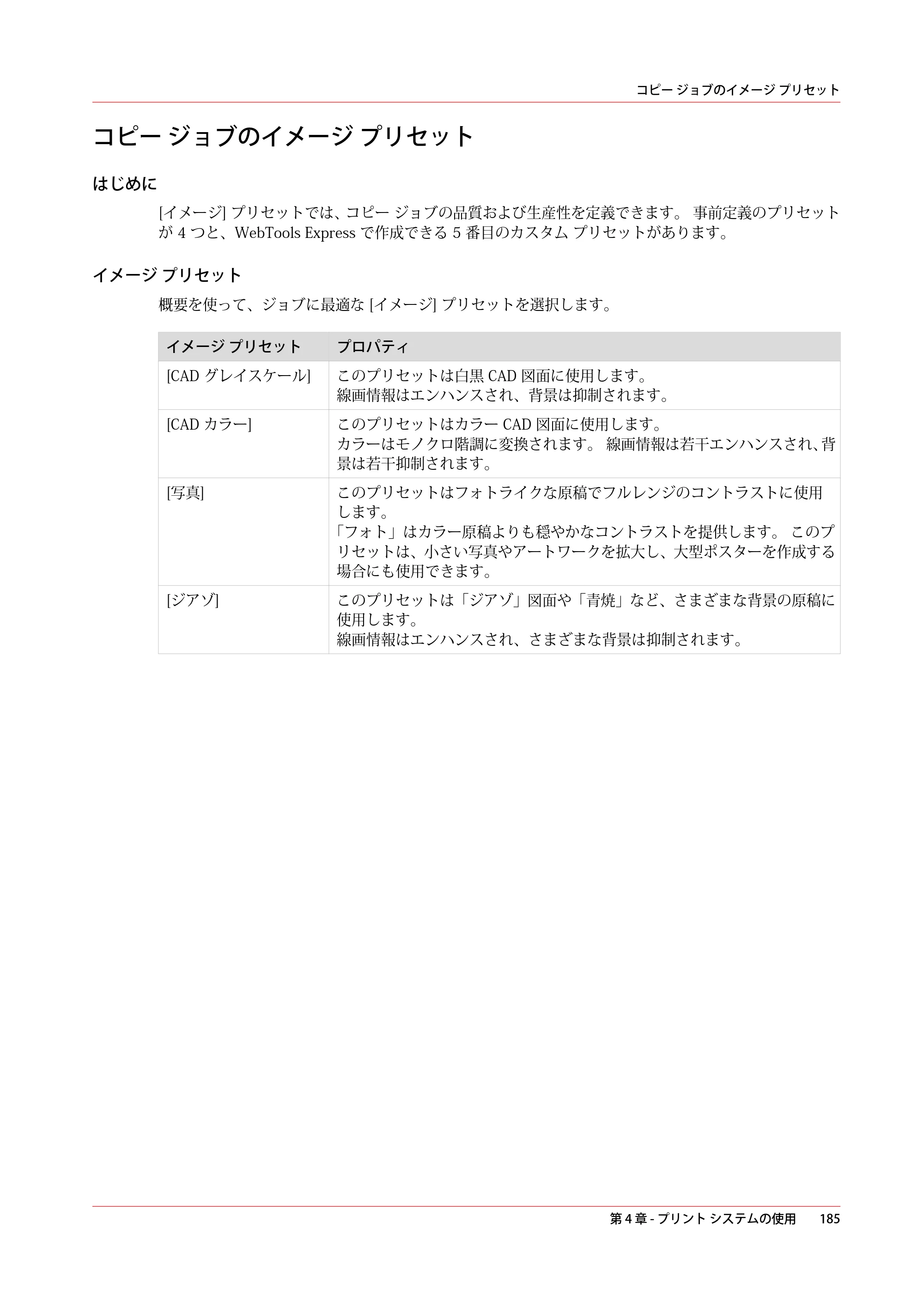 キヤノン PlotWave 7500 操作ガイド 2021年10月2日掲載 （PDF形式／11.38Mバイト） — コピー ジョブのイメージ プリセット — 原本ページ — 185ページ