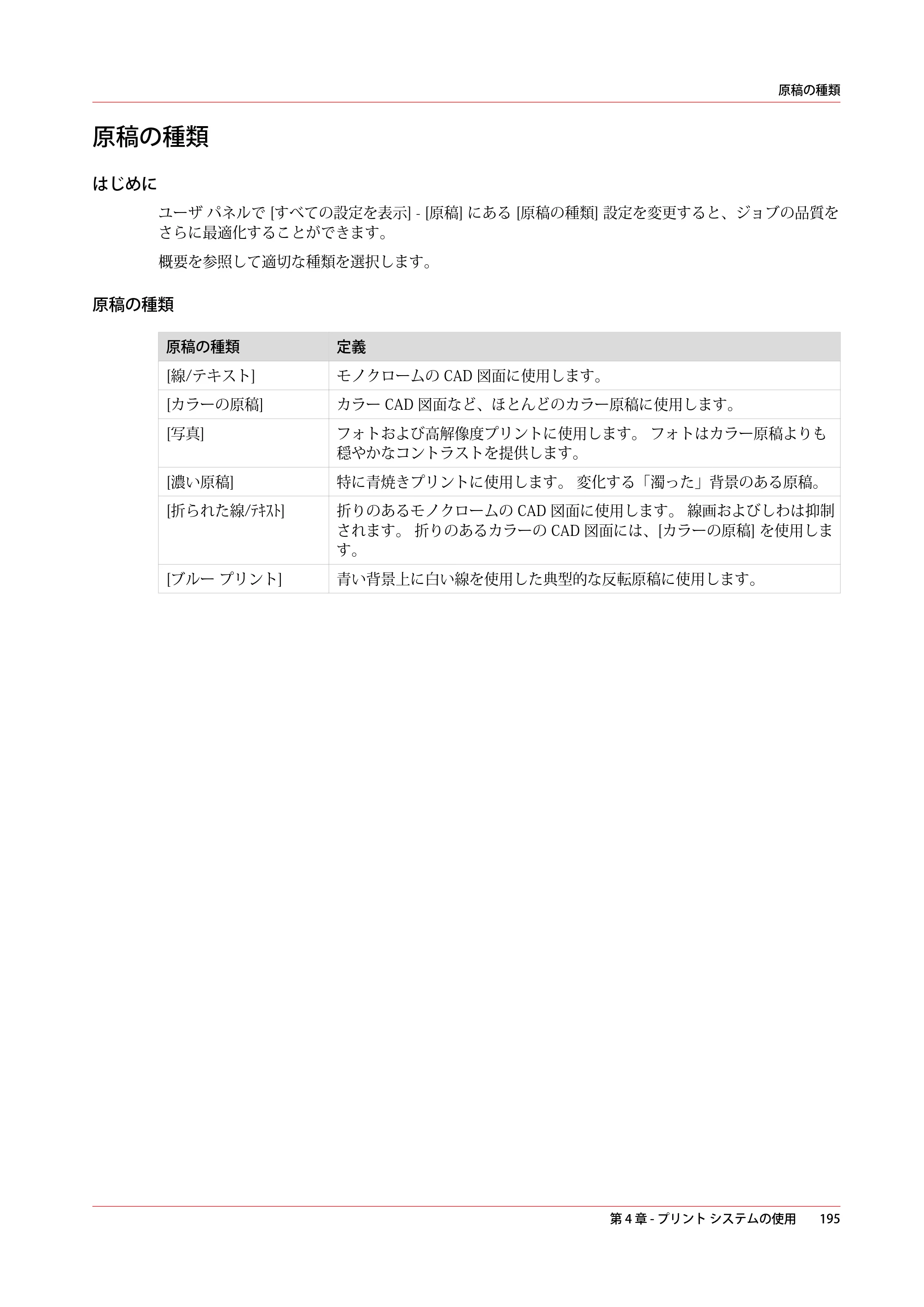 キヤノン PlotWave 7500 操作ガイド 2021年10月2日掲載 （PDF形式／11.38Mバイト） — 原稿の種類 — 原本ページ — 195ページ