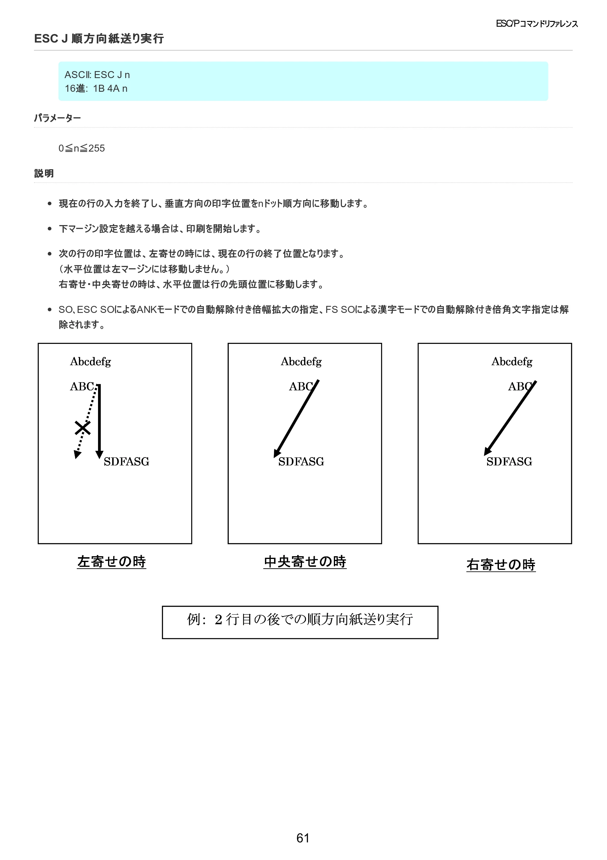 ブラザー TD-2320D / TD-2320DSA / TD-2350D ESC/Pコマンドリファレンス — ESC J 順方向紙送り実行 — 原本ページ — 62ページ